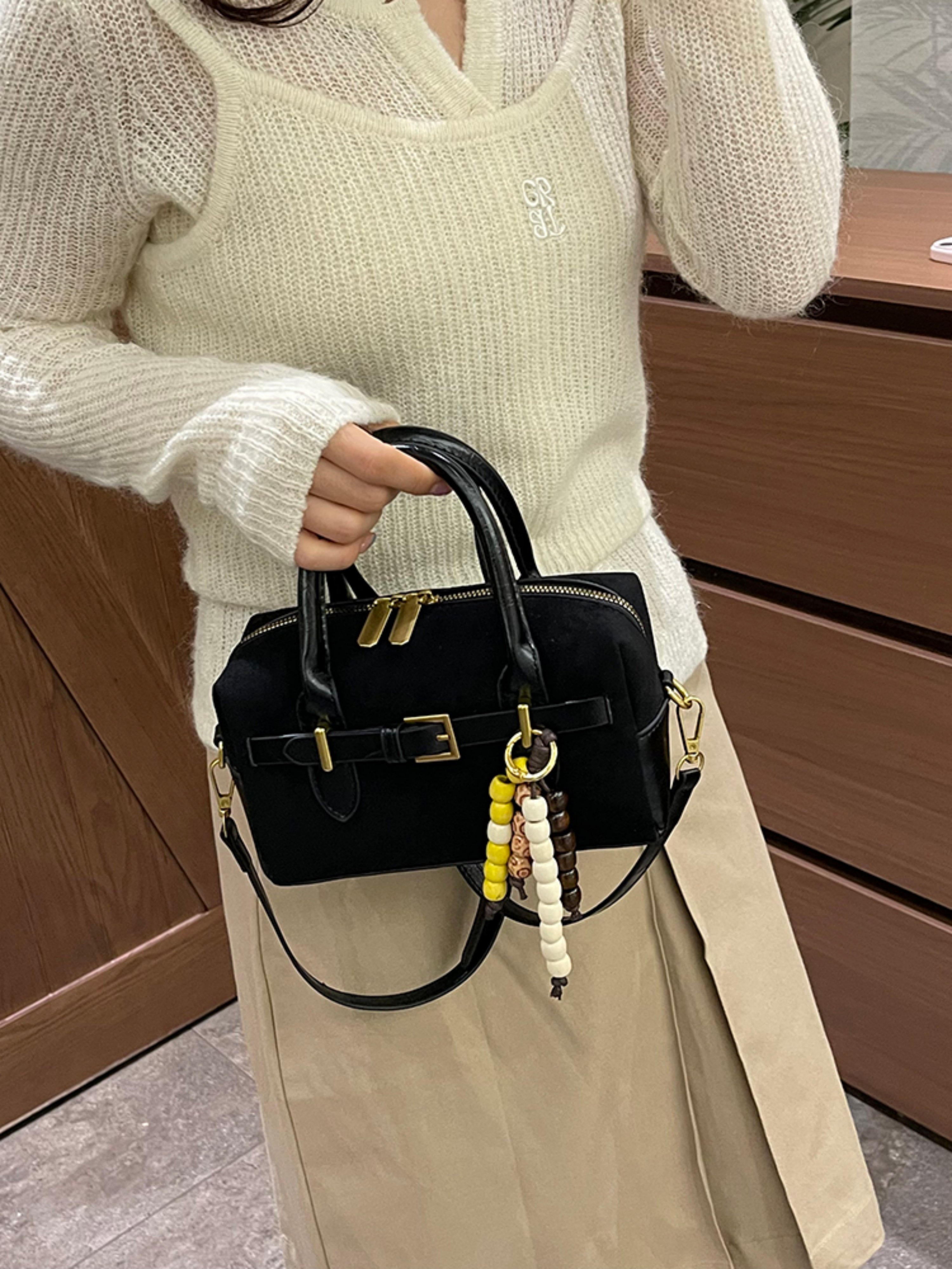 Black Buckle Crossbody Bag with Strap