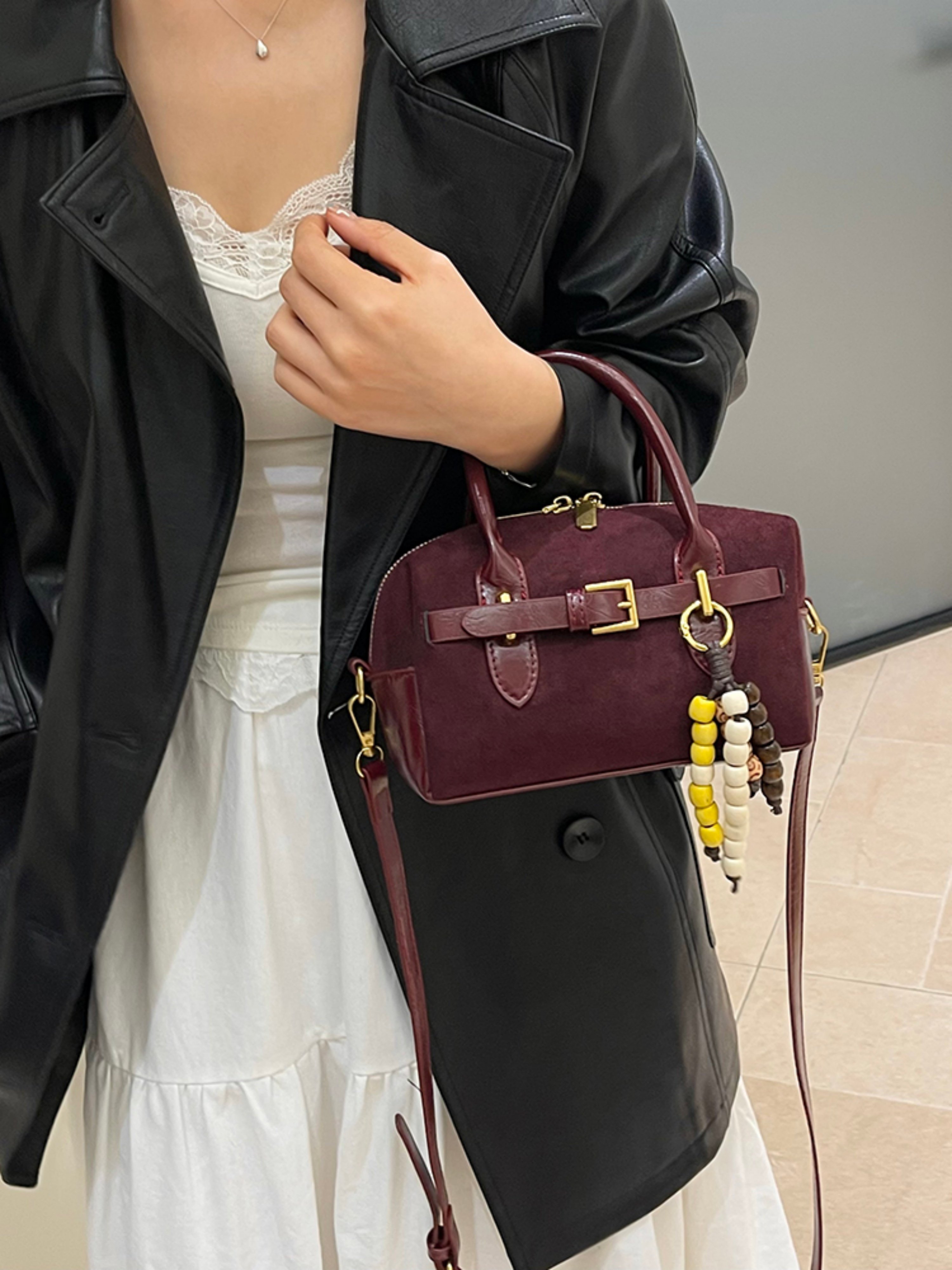Burgundy Faux Suede Look Crossbody Handbag