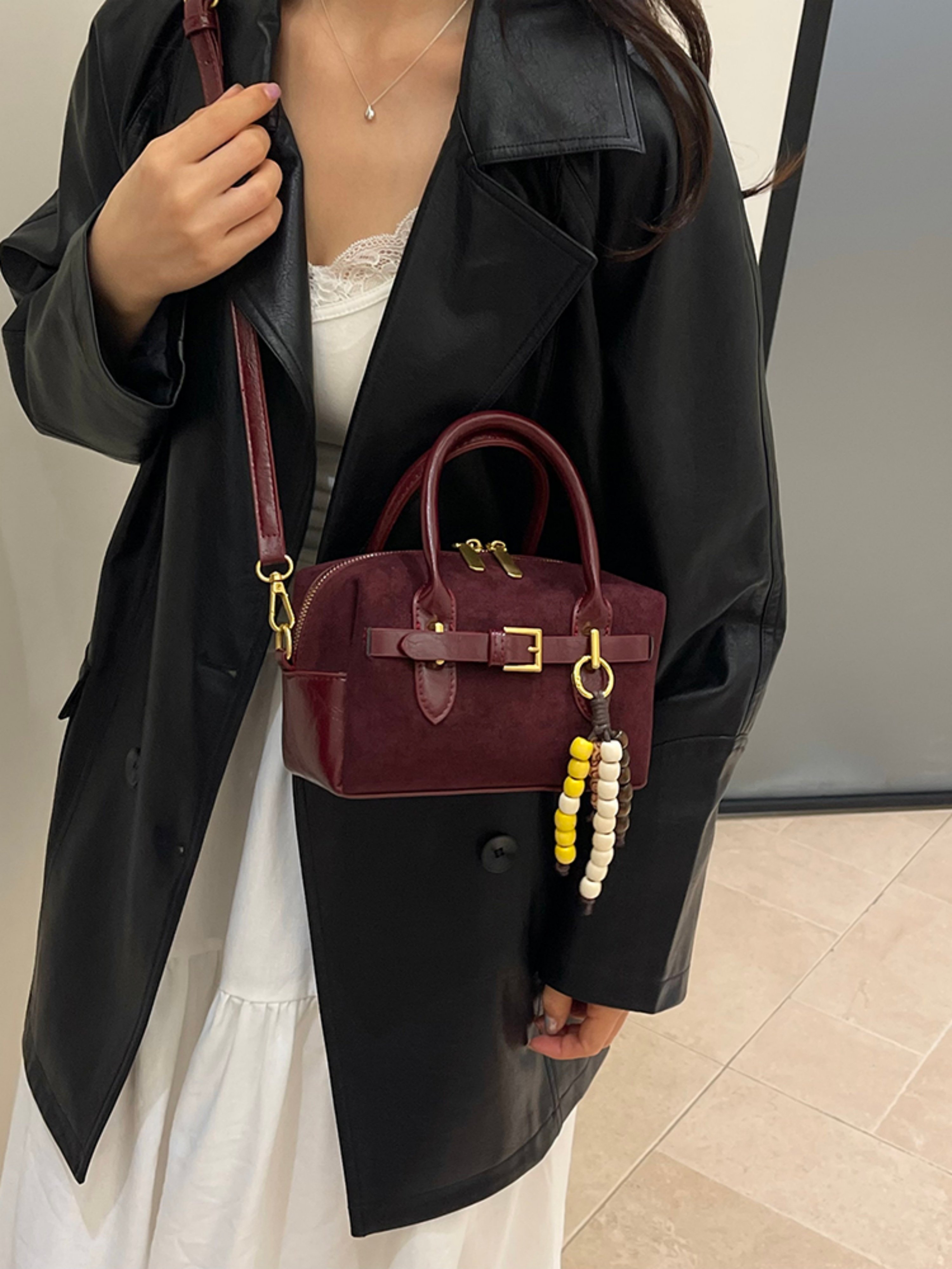 Burgundy Faux Suede Look Crossbody Handbag