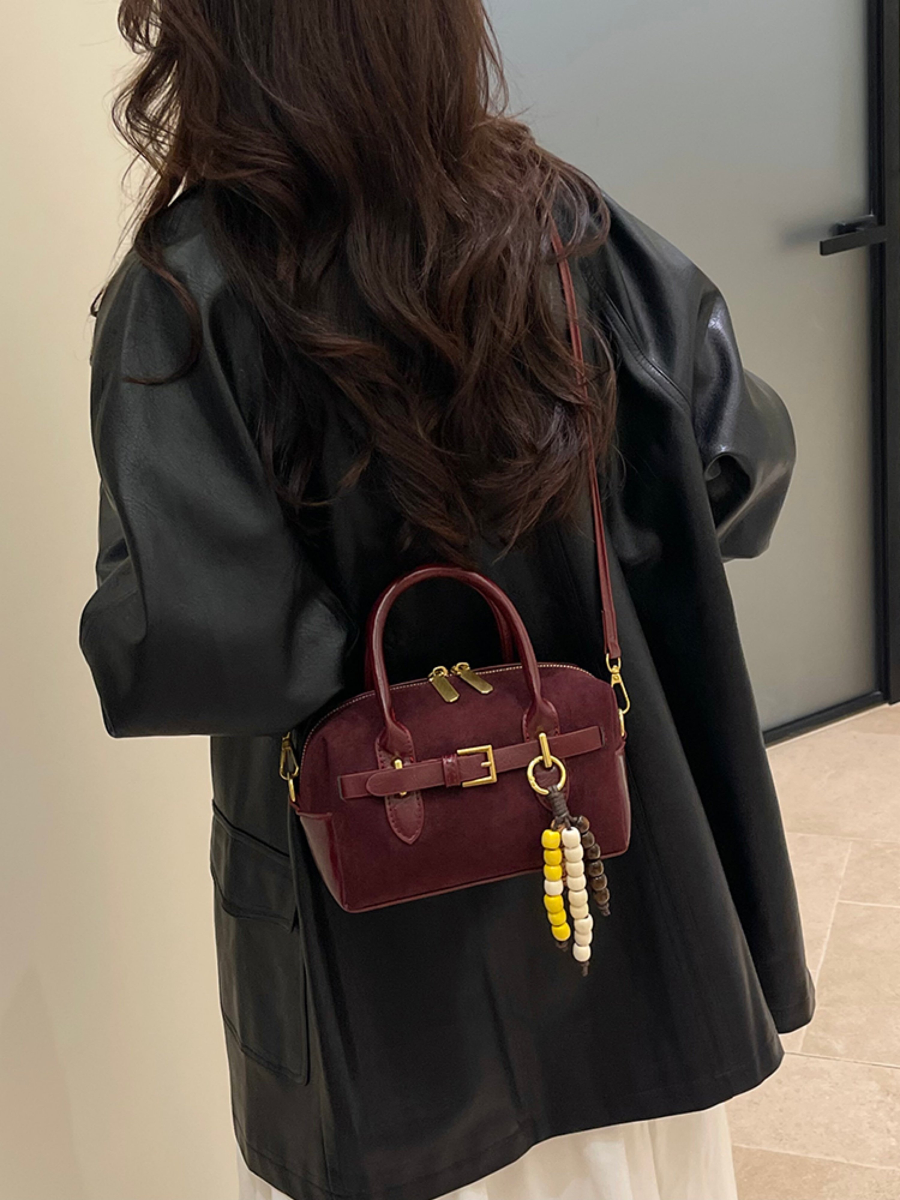 Burgundy Faux Suede Look Crossbody Handbag