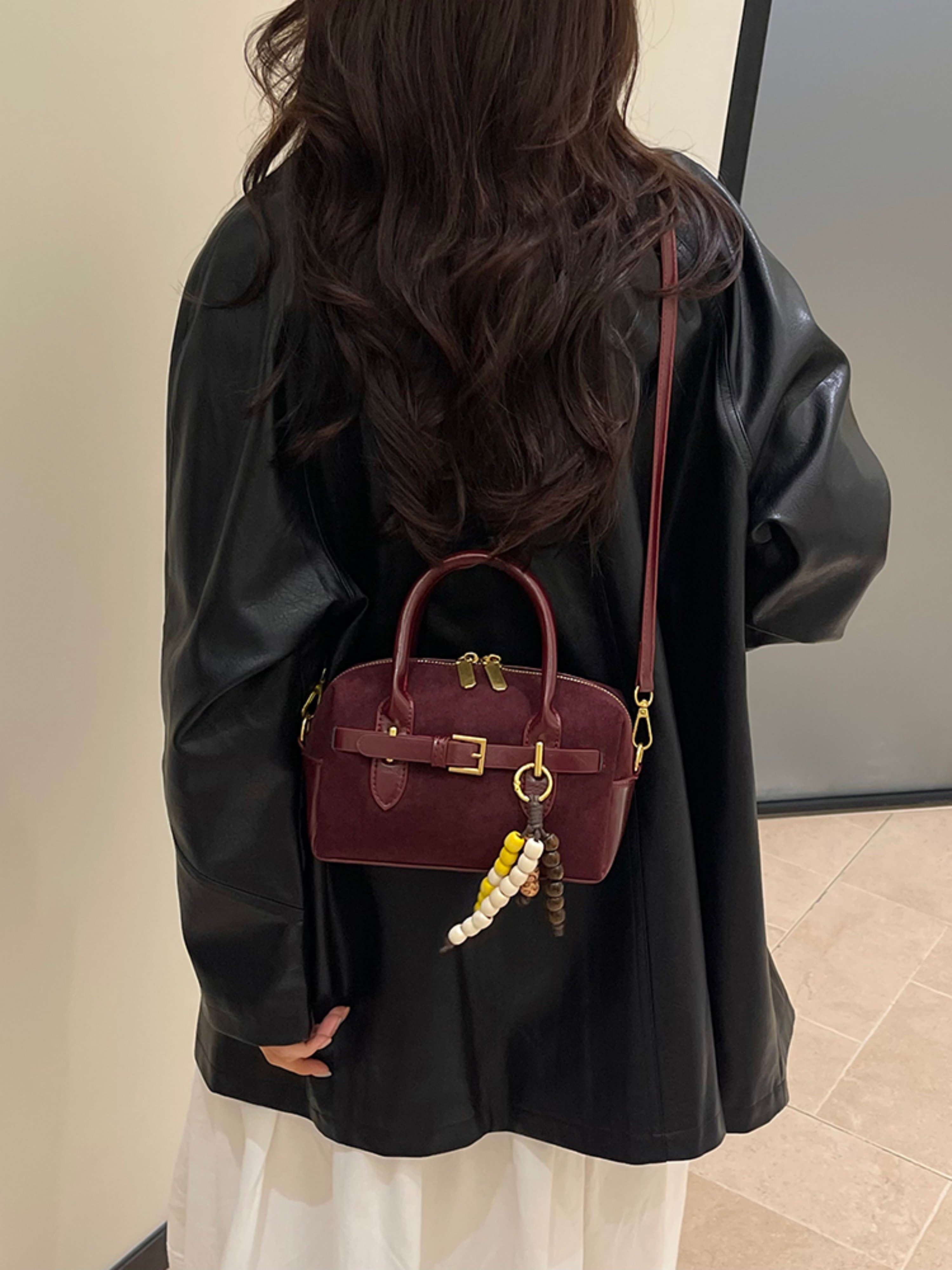 Burgundy Faux Suede Look Crossbody Handbag