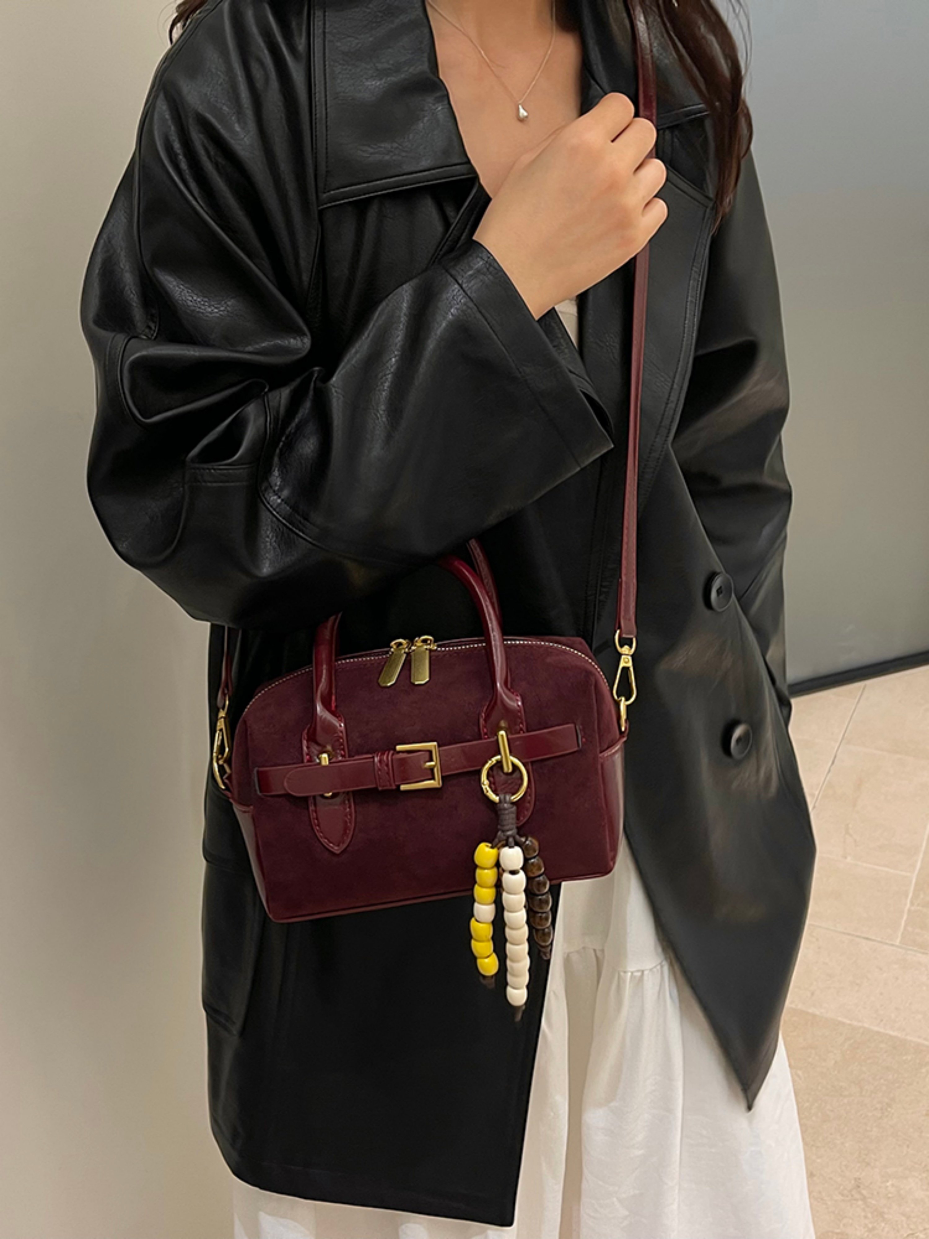 Burgundy Faux Suede Look Crossbody Handbag
