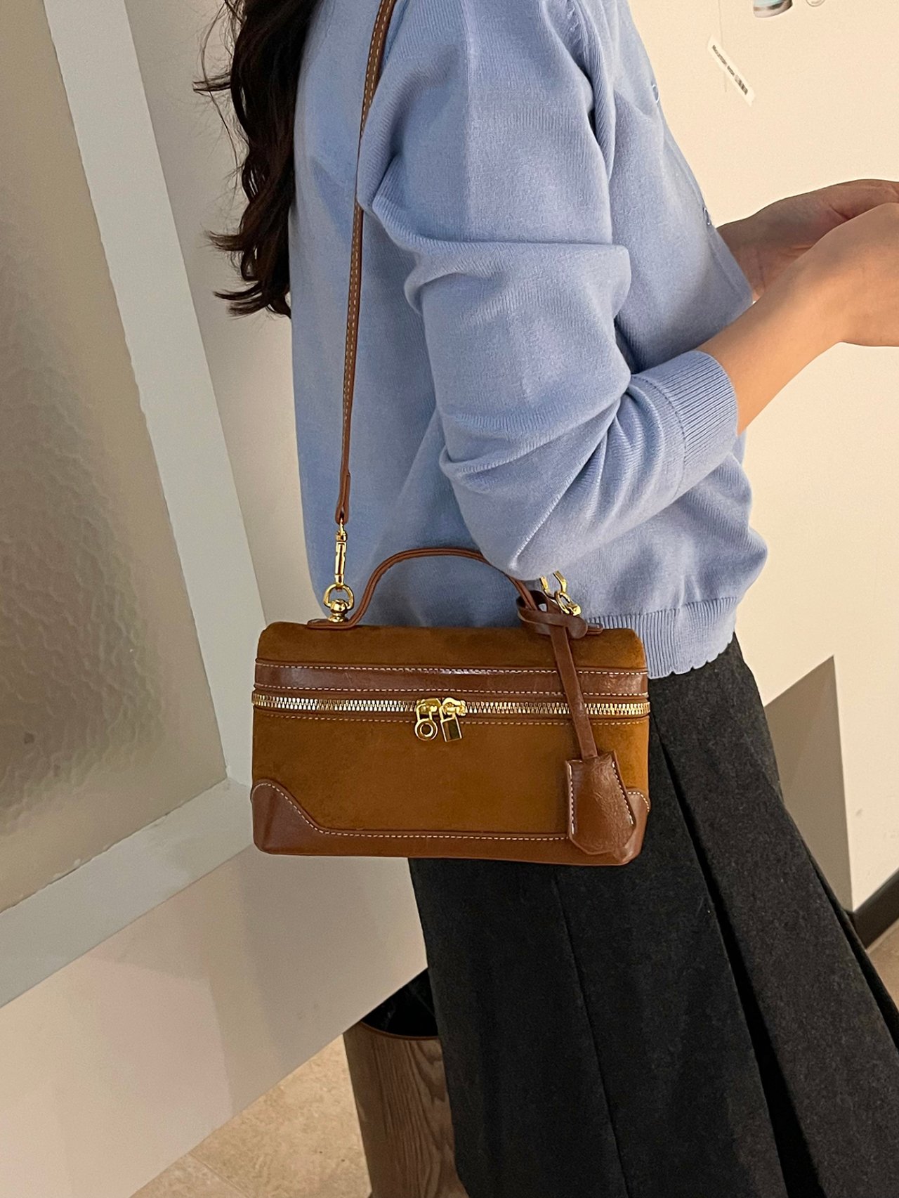 Brown Suede Look Crossbody Bag with Top Handle