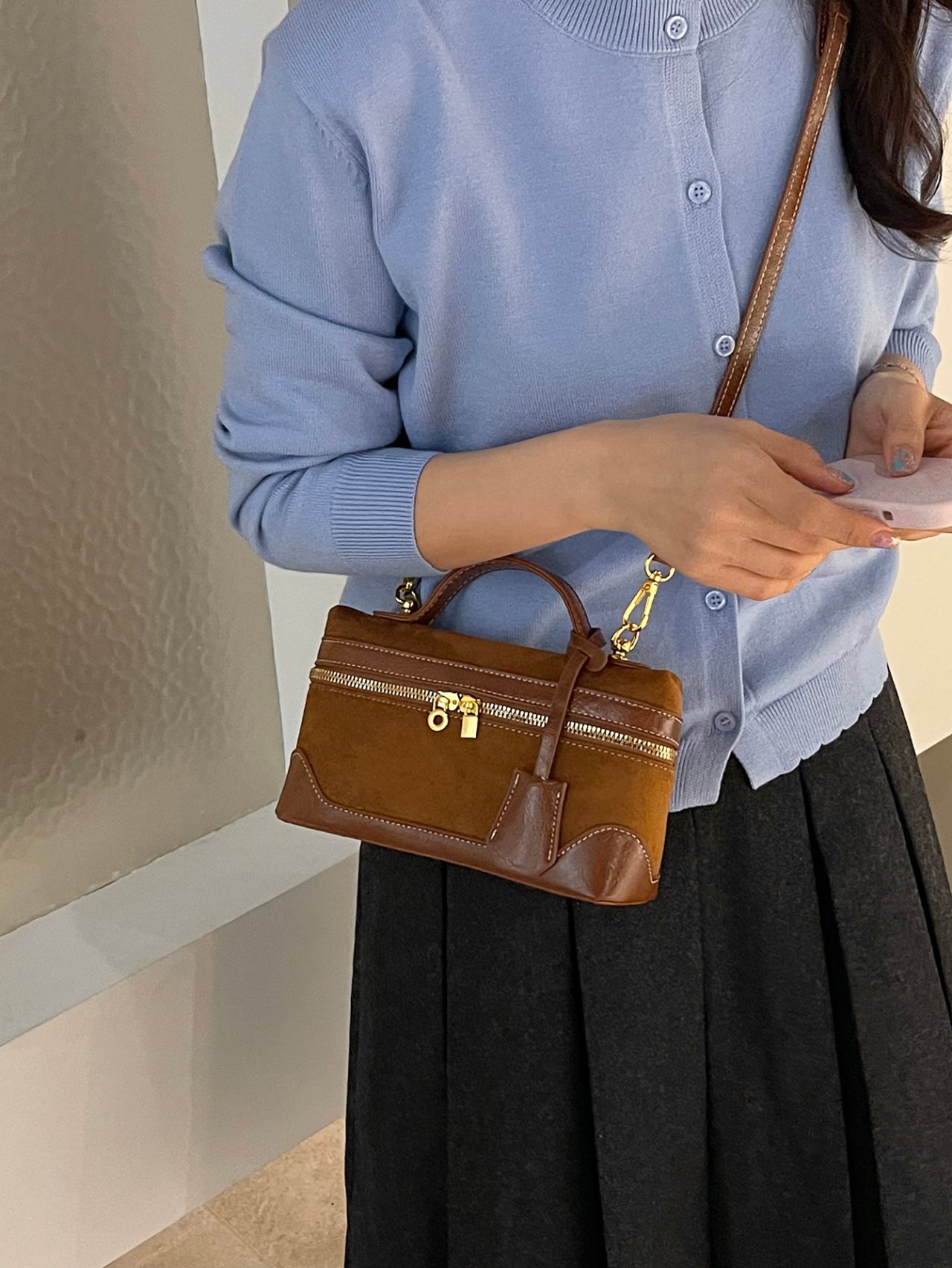 Brown Suede Look Crossbody Bag with Top Handle