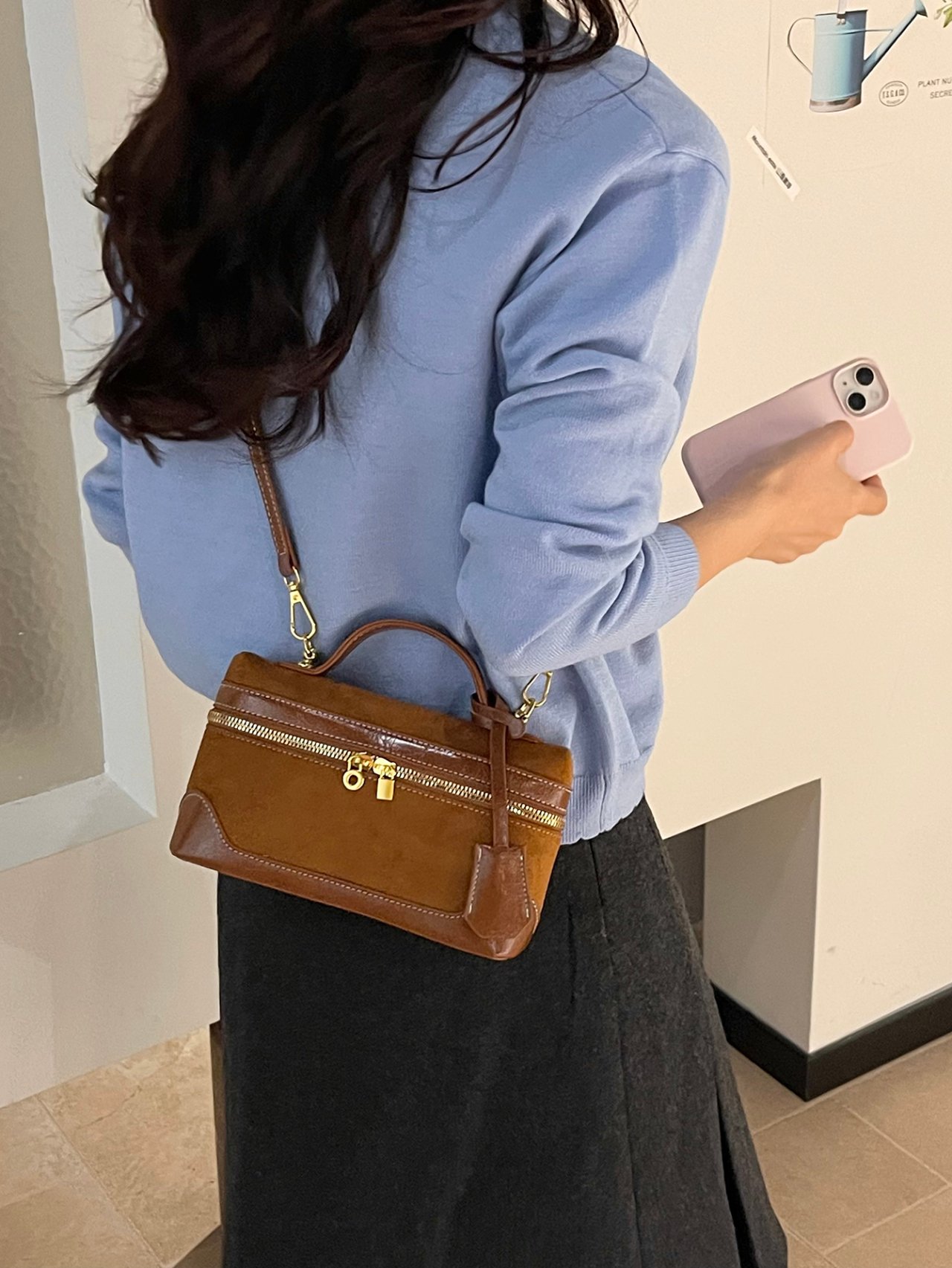 Brown Suede Look Crossbody Bag with Top Handle
