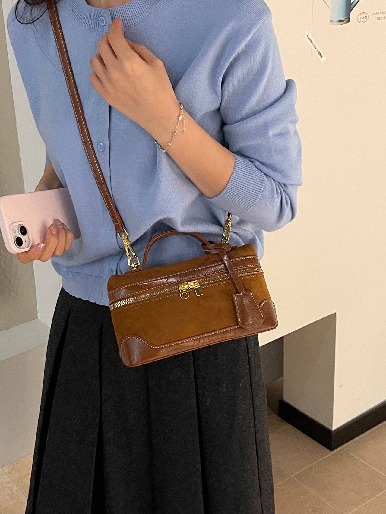 Brown Suede Look Crossbody Bag with Top Handle