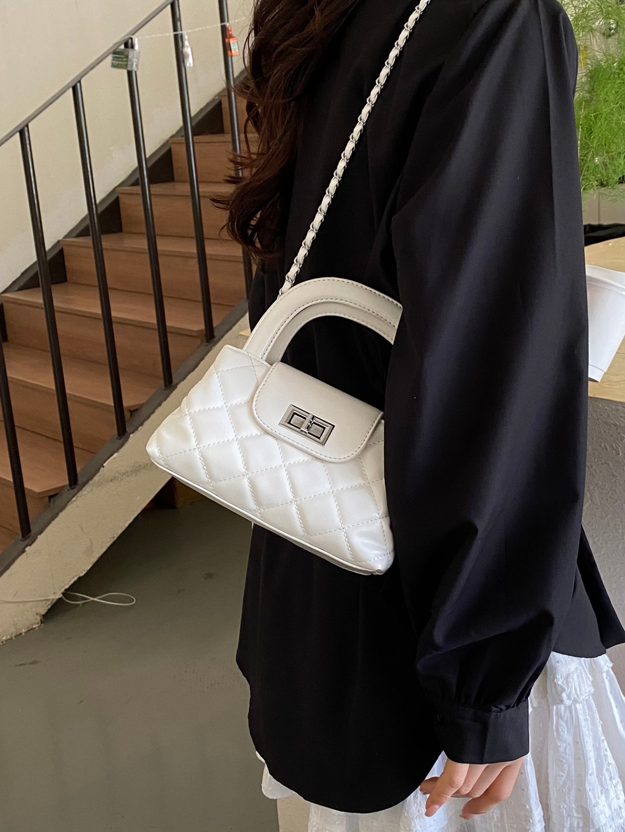 Off-White Quilted Crossbody Bag with Top Handle