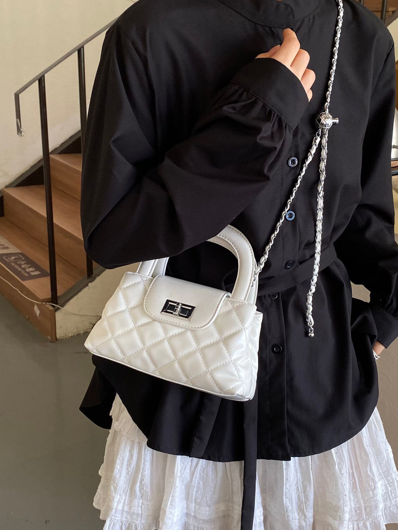 Off-White Quilted Crossbody Bag with Top Handle