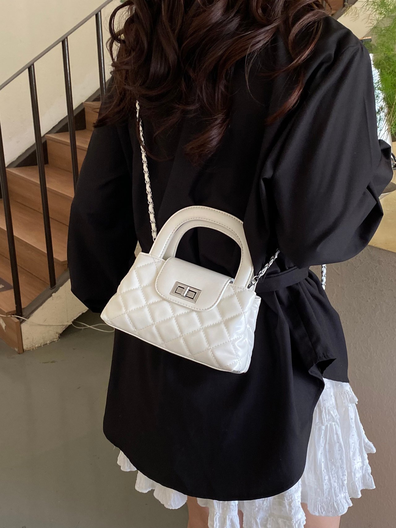 Off-White Quilted Crossbody Bag with Top Handle