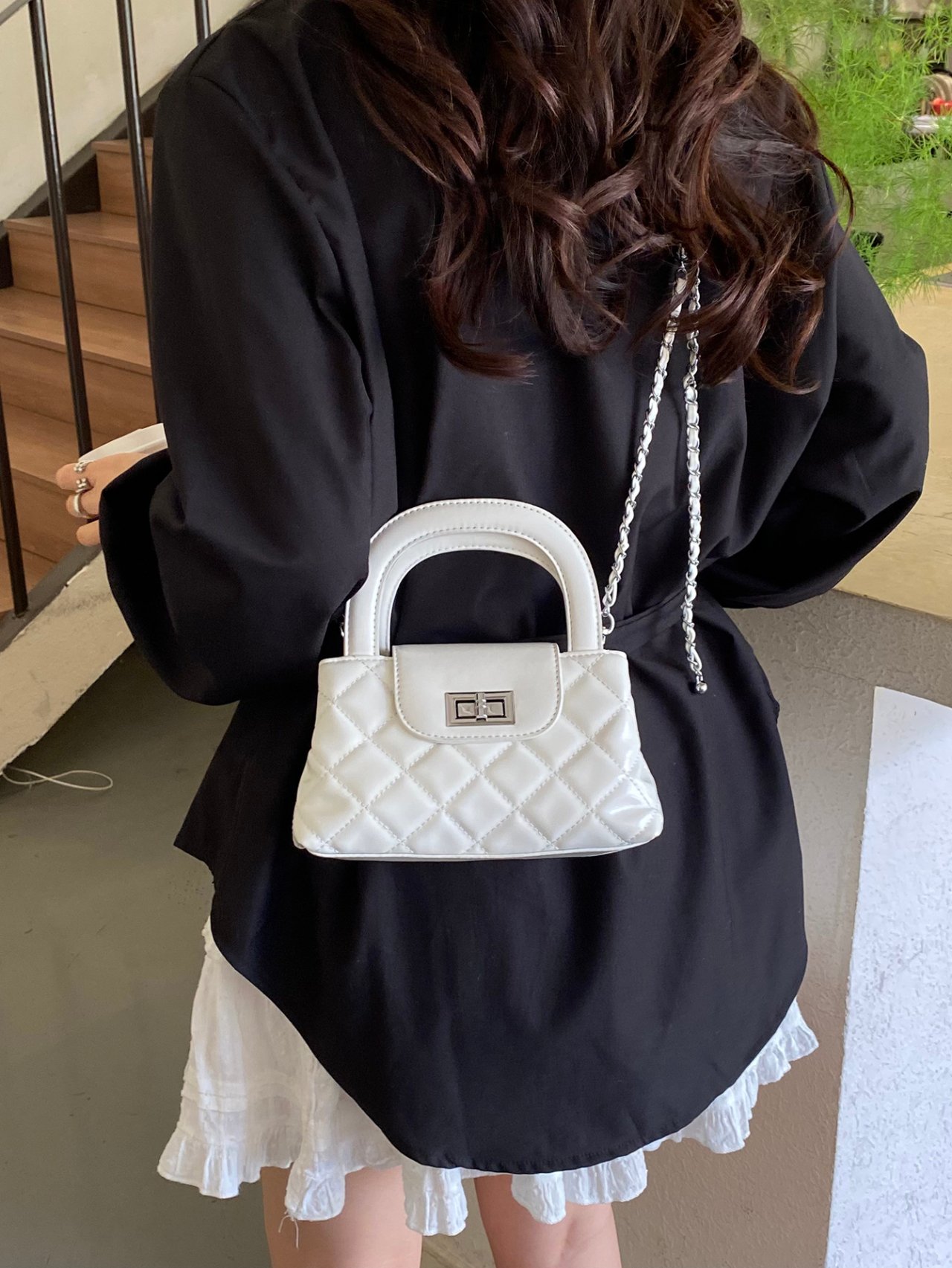 Off-White Quilted Crossbody Bag with Top Handle