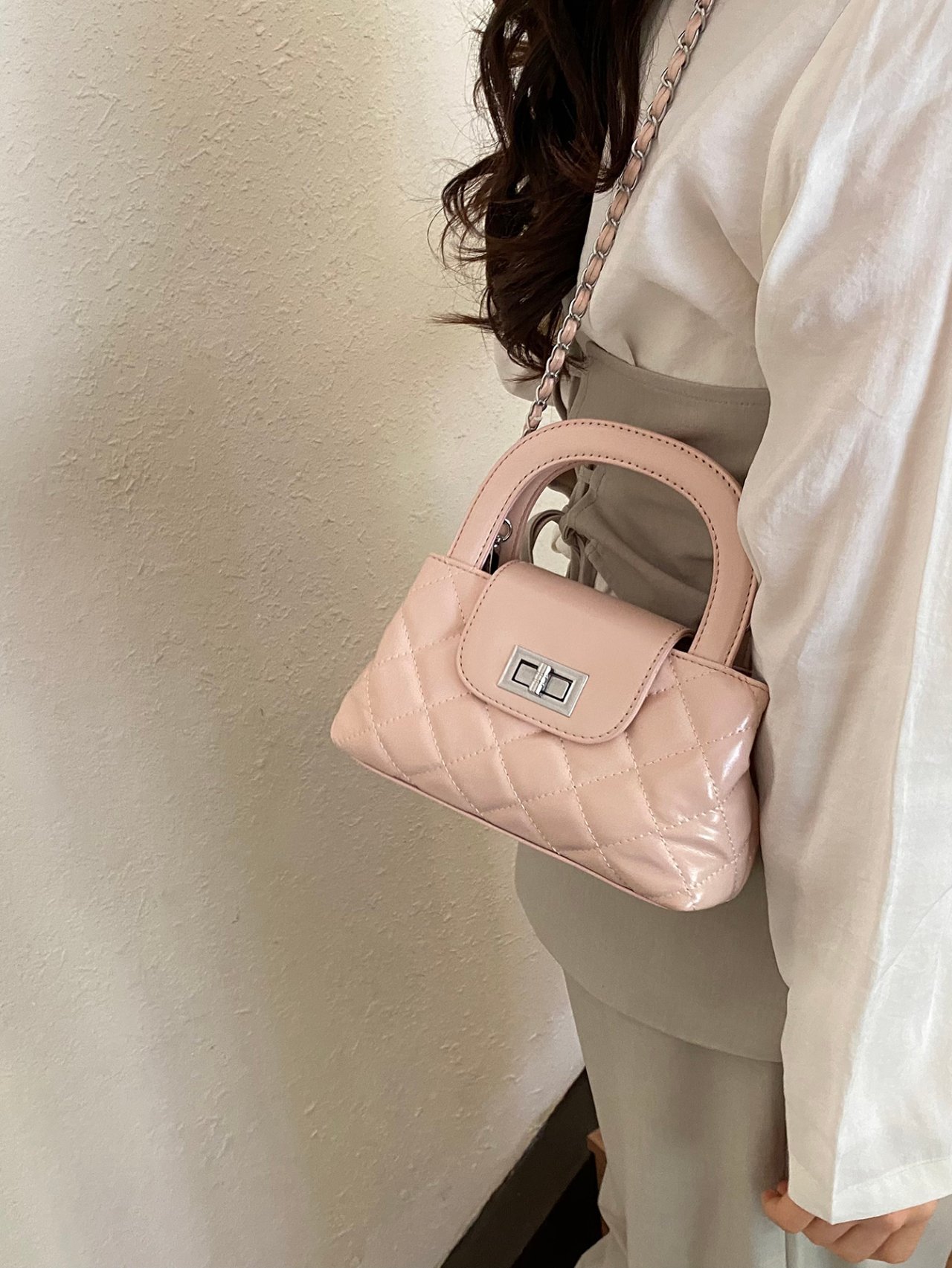 Pink Quilted Crossbody Bag with Chain Strap