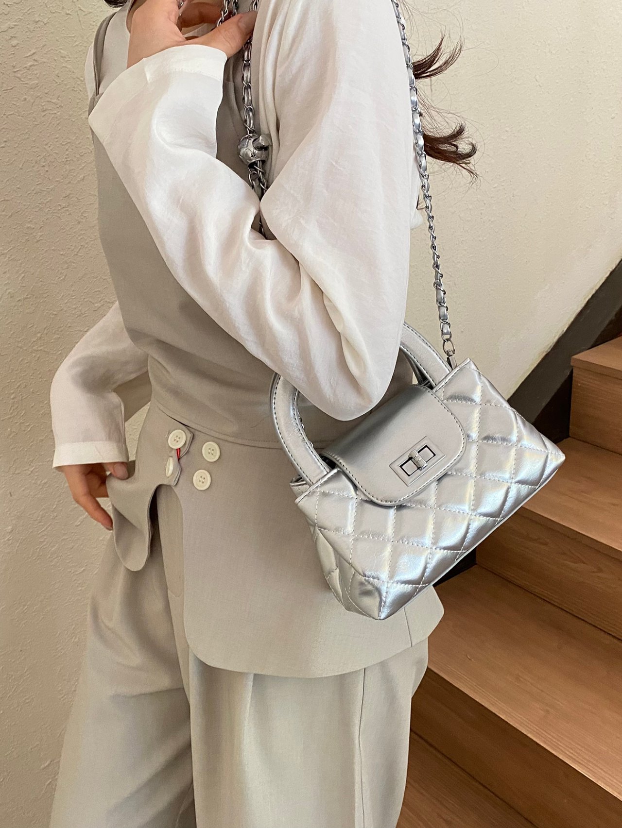 Silver Quilted Crossbody Bag
