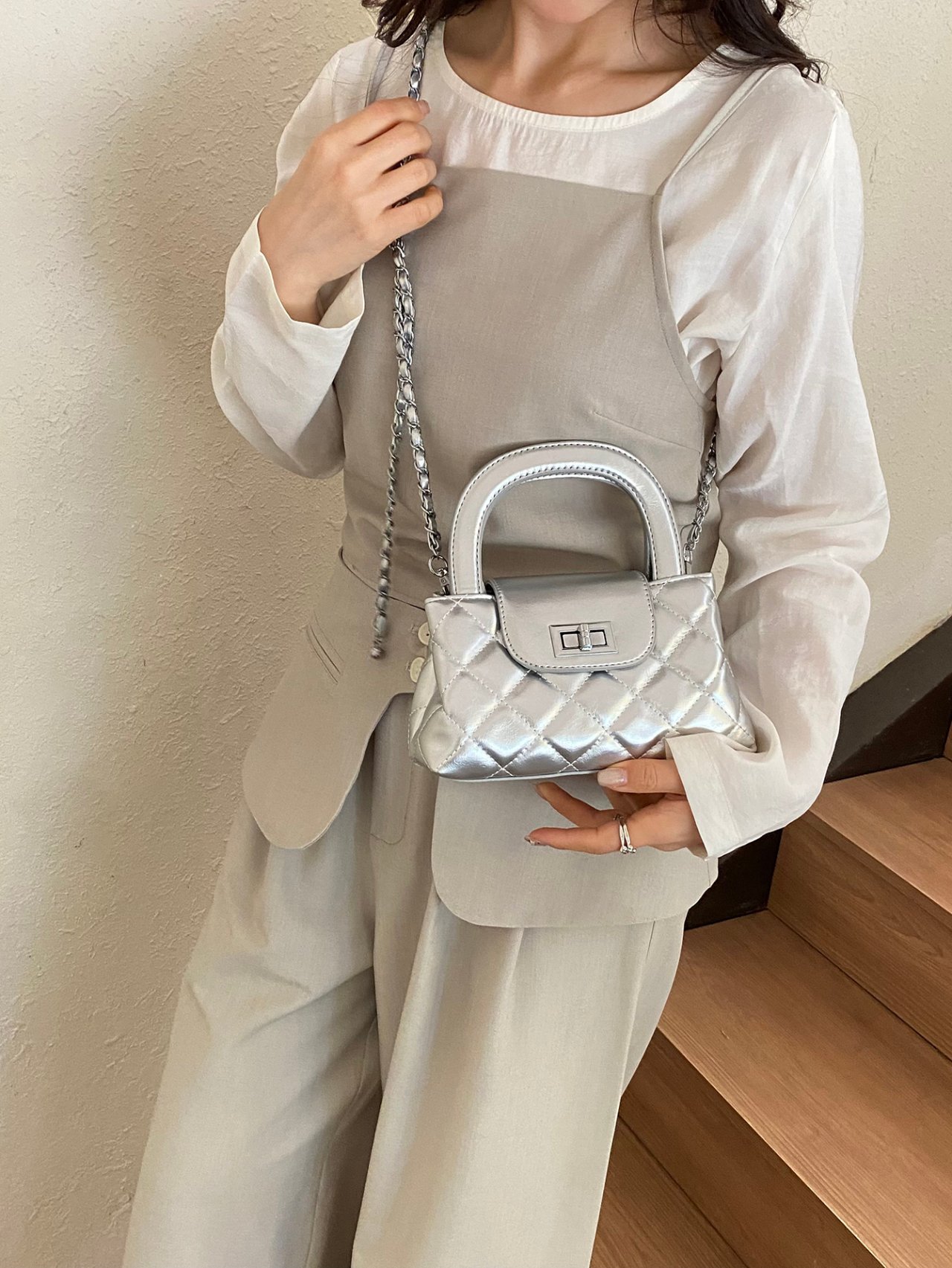 Silver Quilted Crossbody Bag