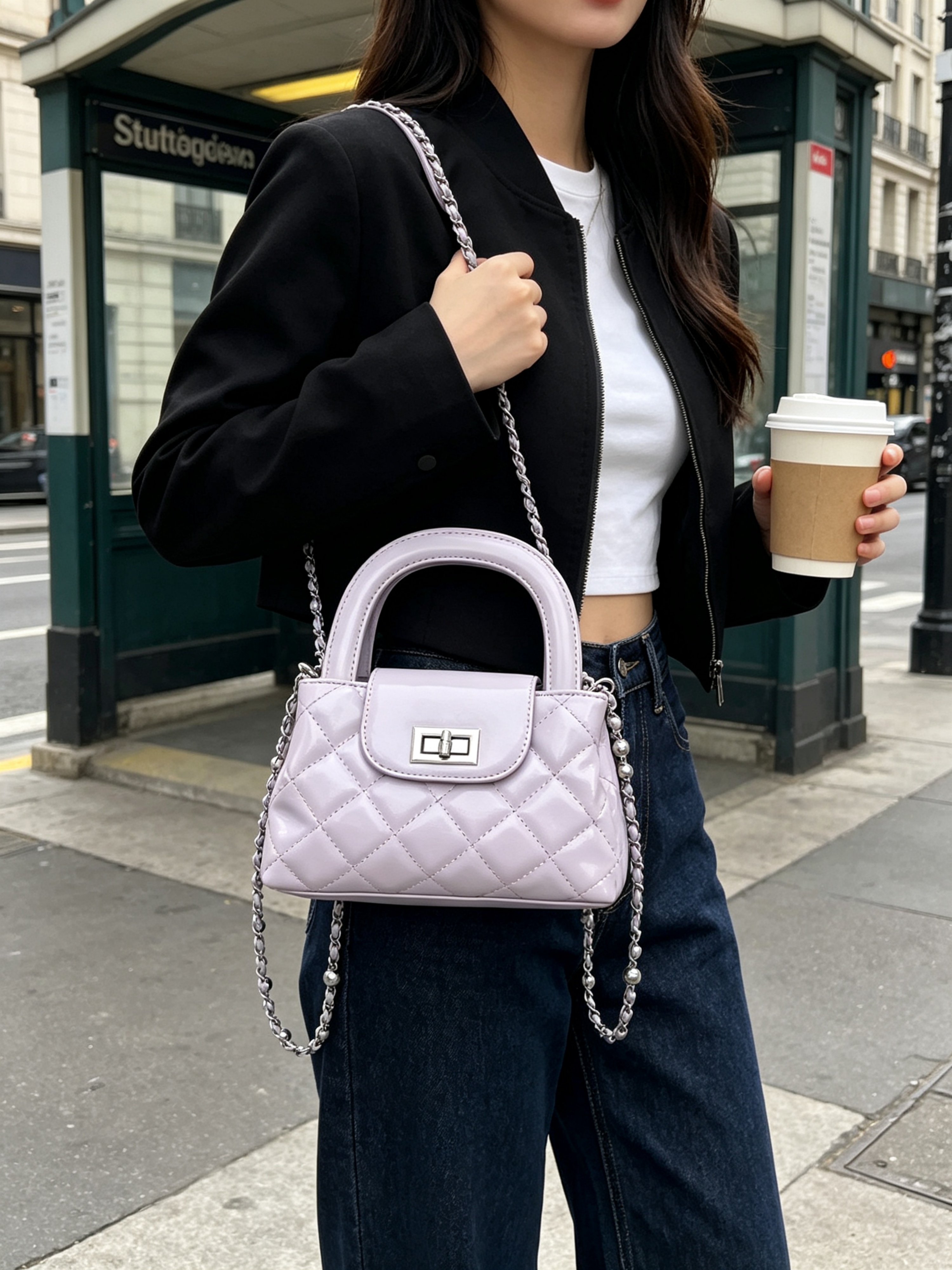 Lavender Quilted Crossbody Bag with Chain Strap