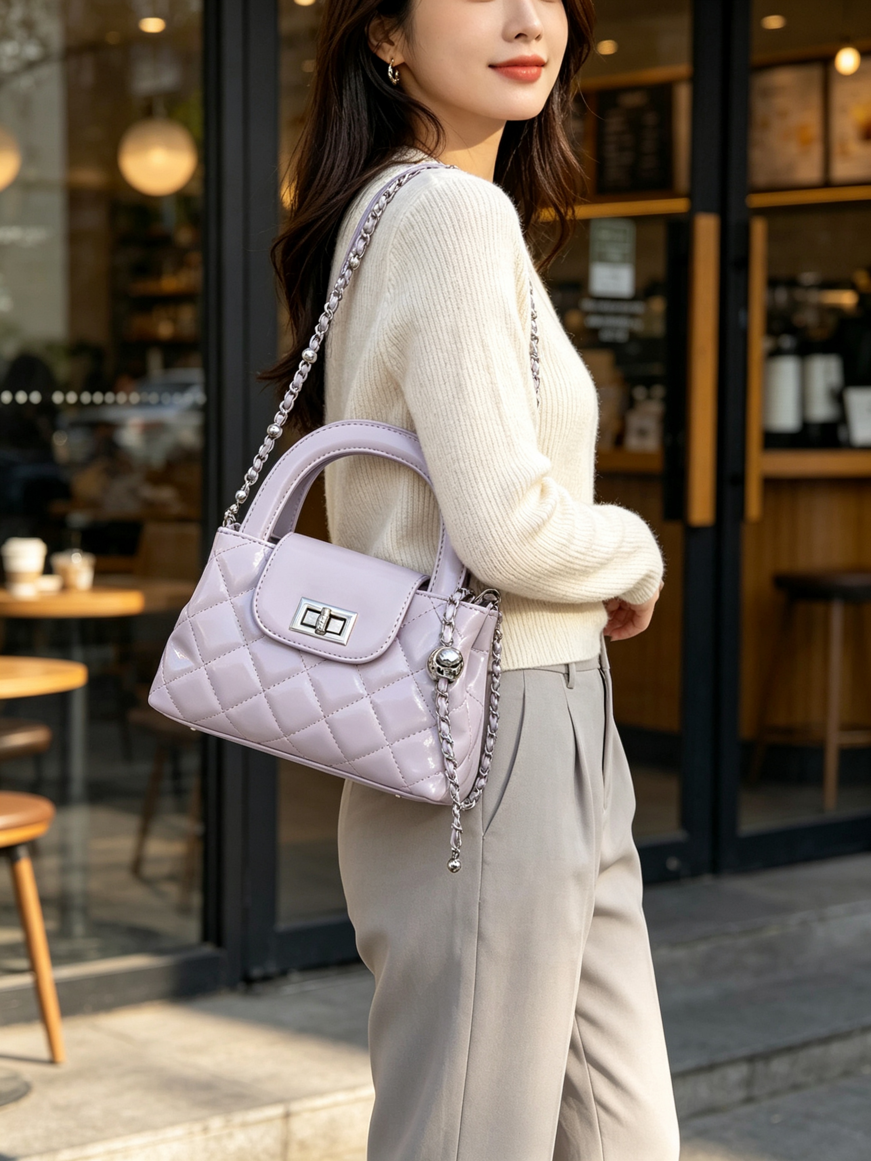 Lavender Quilted Crossbody Bag with Chain Strap