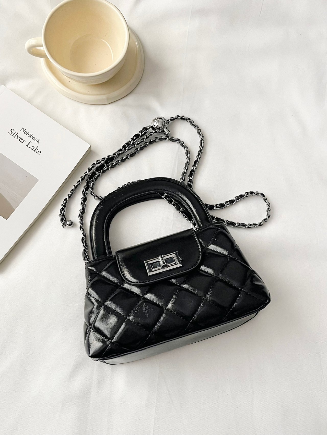 Black Quilted Crossbody Bag with Chain Strap