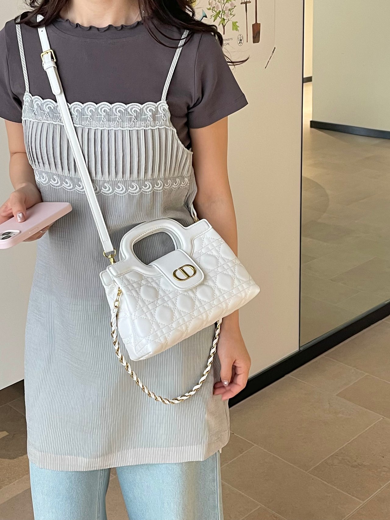 Off-White Quilted Crossbody Bag with Clasp