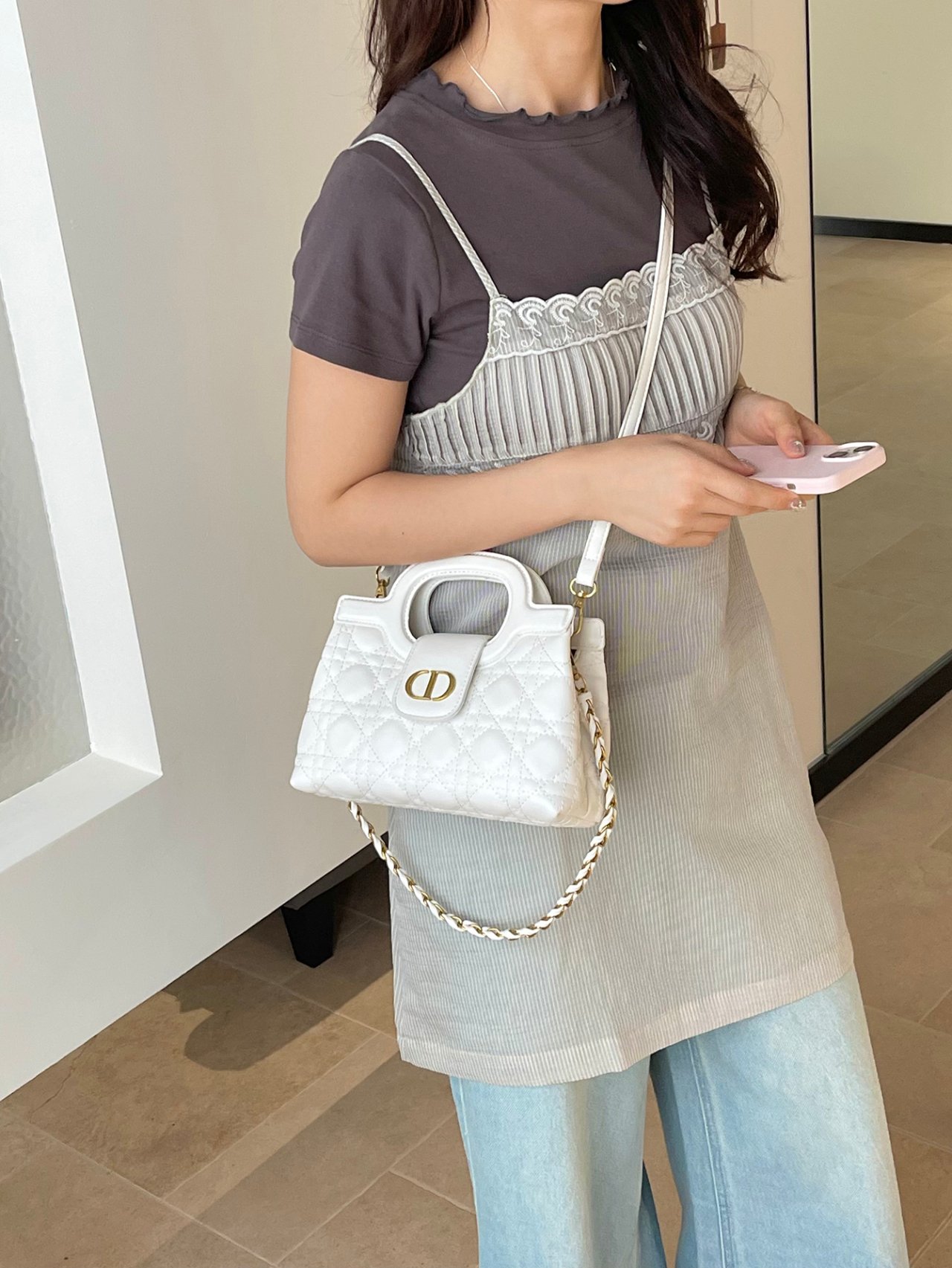 Off-White Quilted Crossbody Bag with Clasp