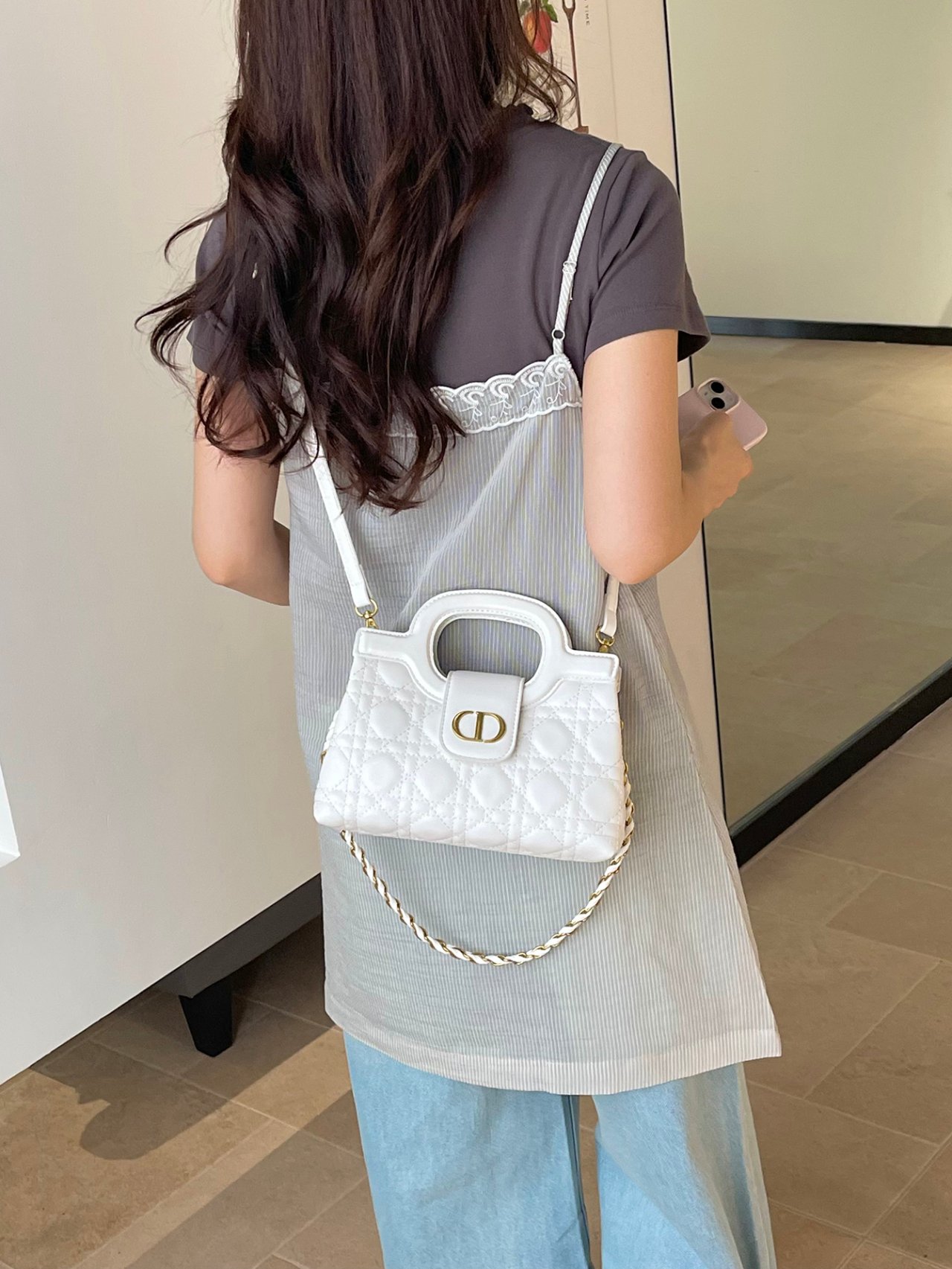 Off-White Quilted Crossbody Bag with Clasp