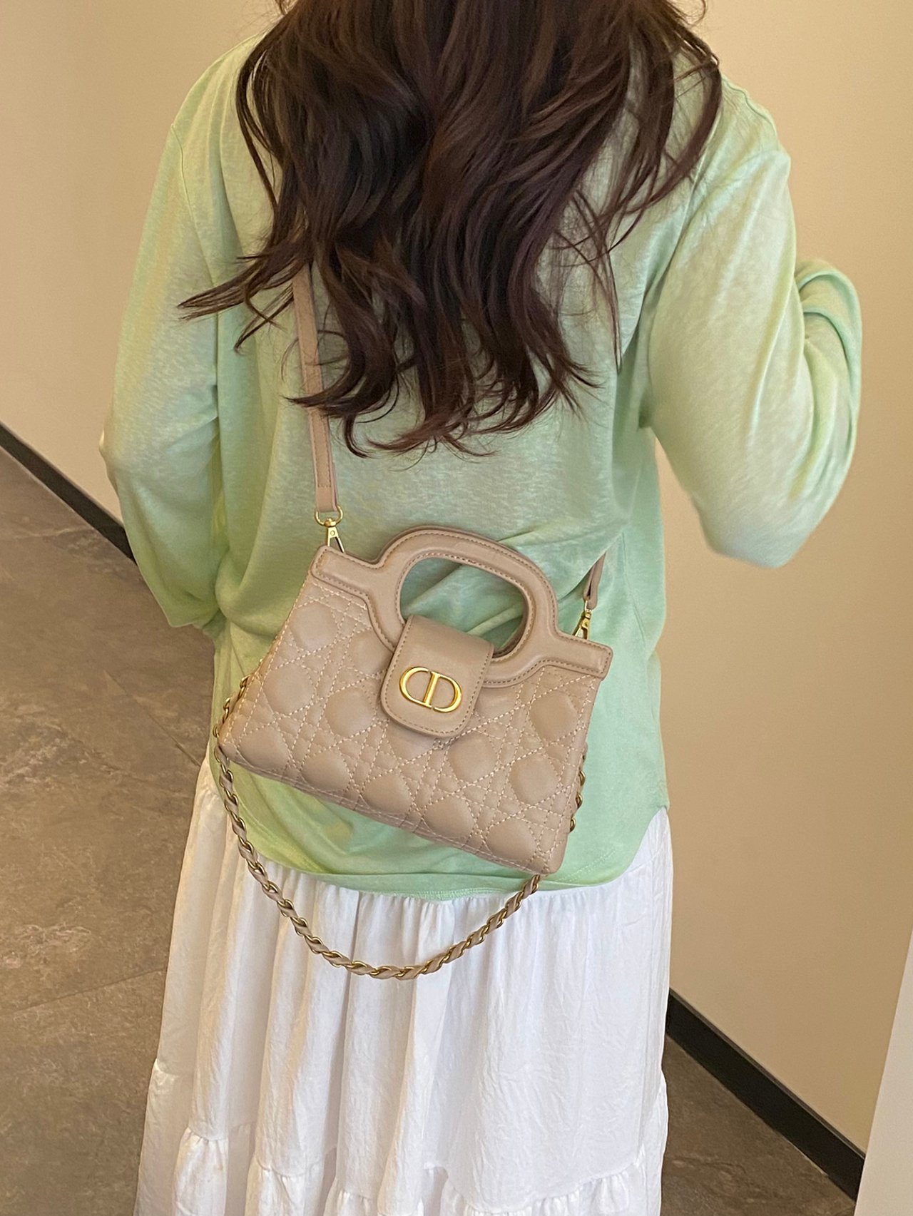 Khaki Quilted Crossbody Bag with Top Handle