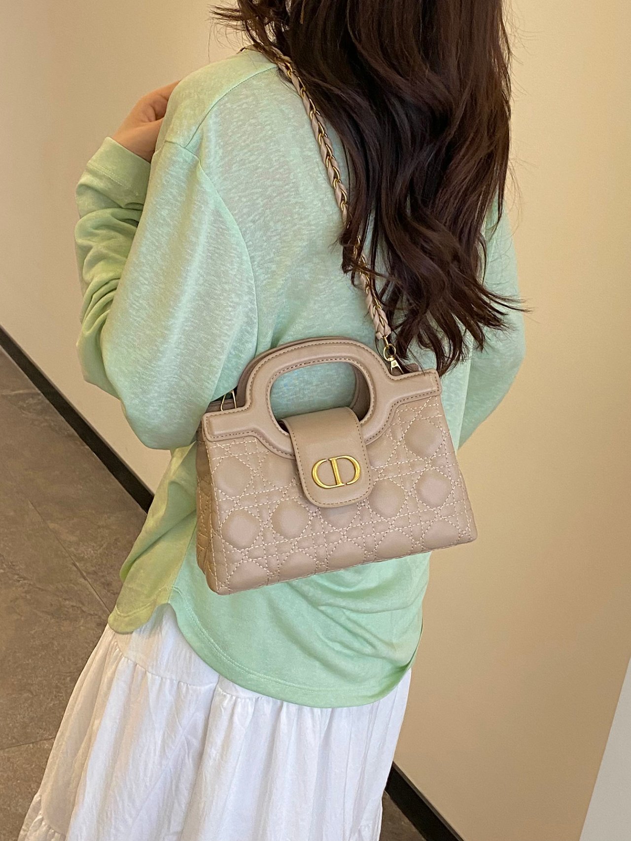 Khaki Quilted Crossbody Bag with Top Handle