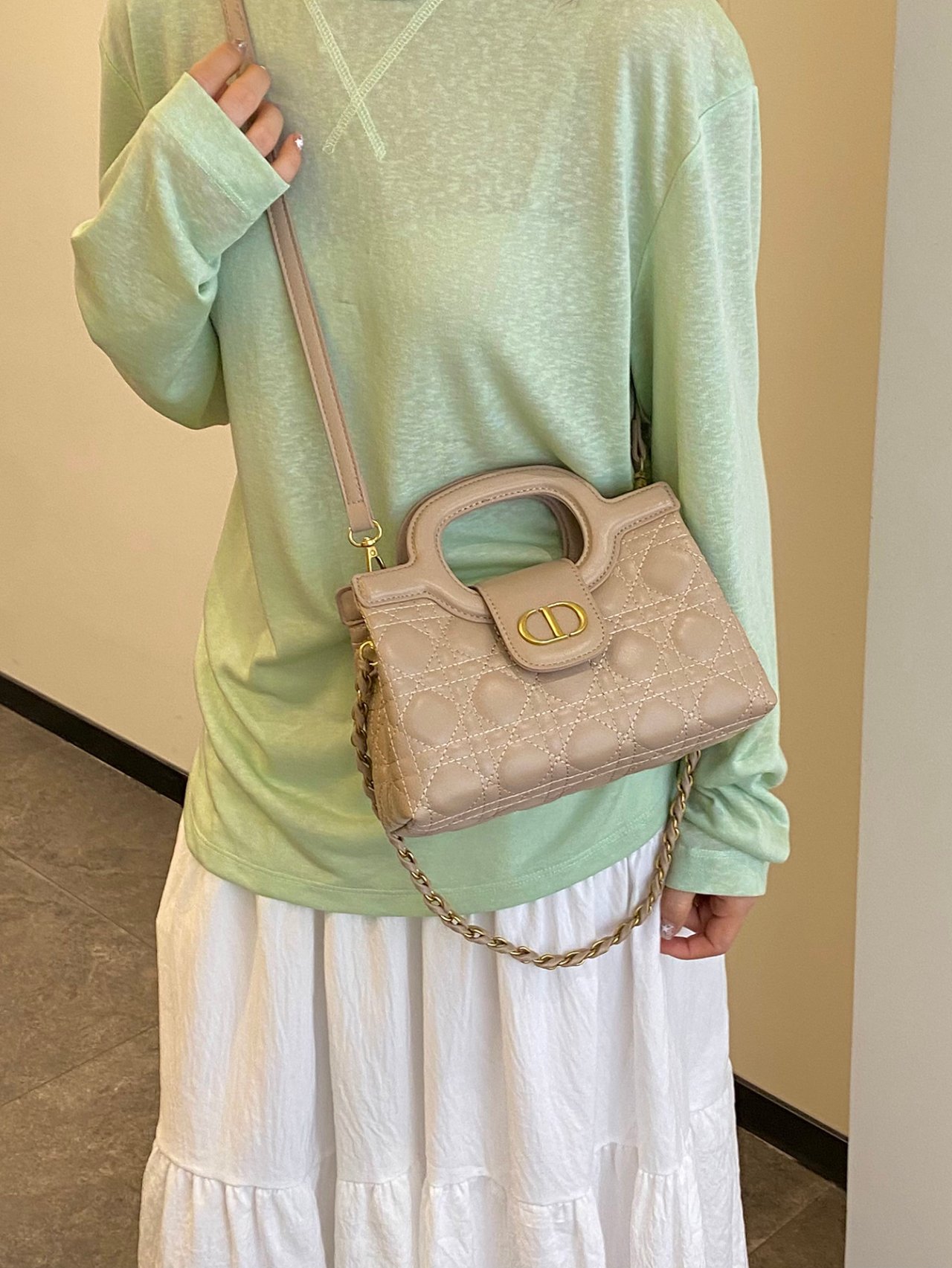 Khaki Quilted Crossbody Bag with Top Handle