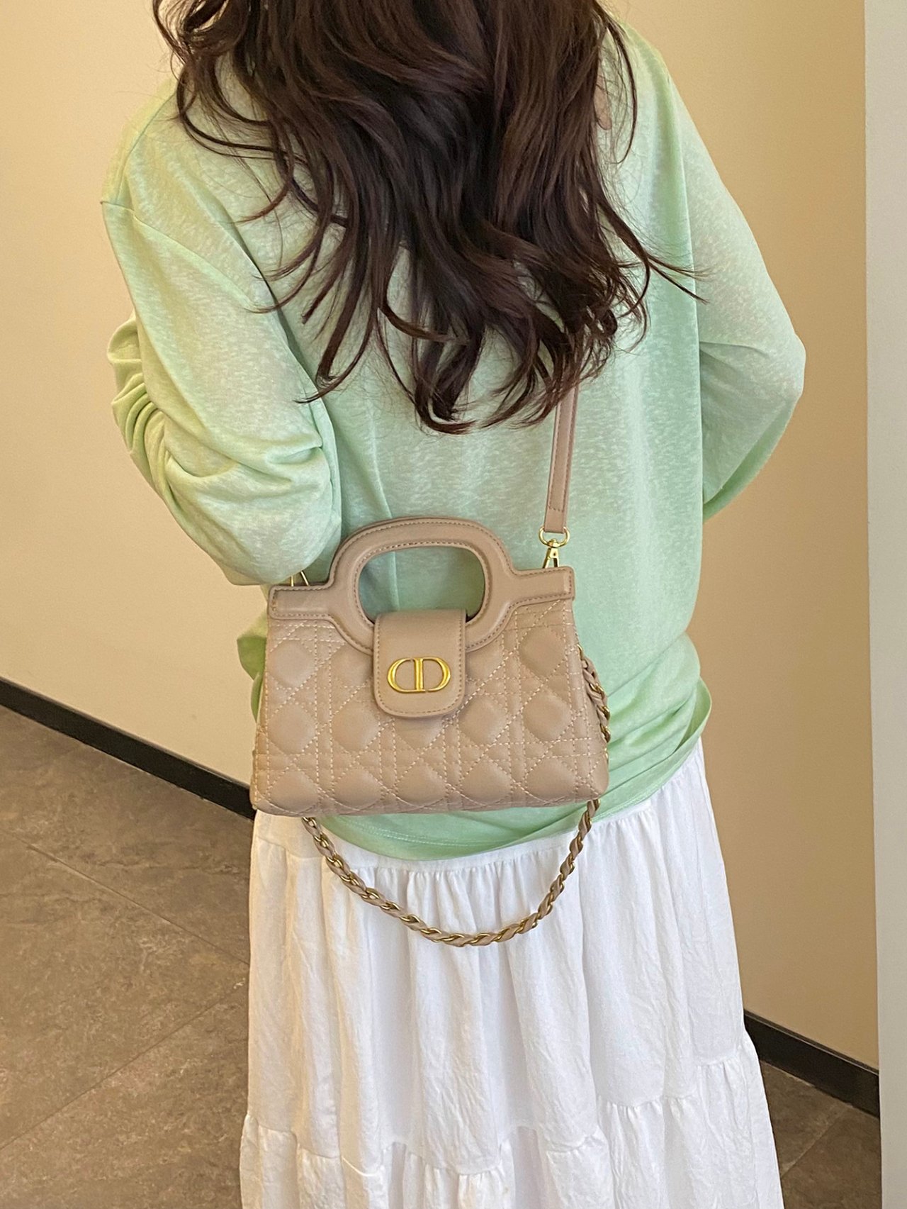 Khaki Quilted Crossbody Bag with Top Handle