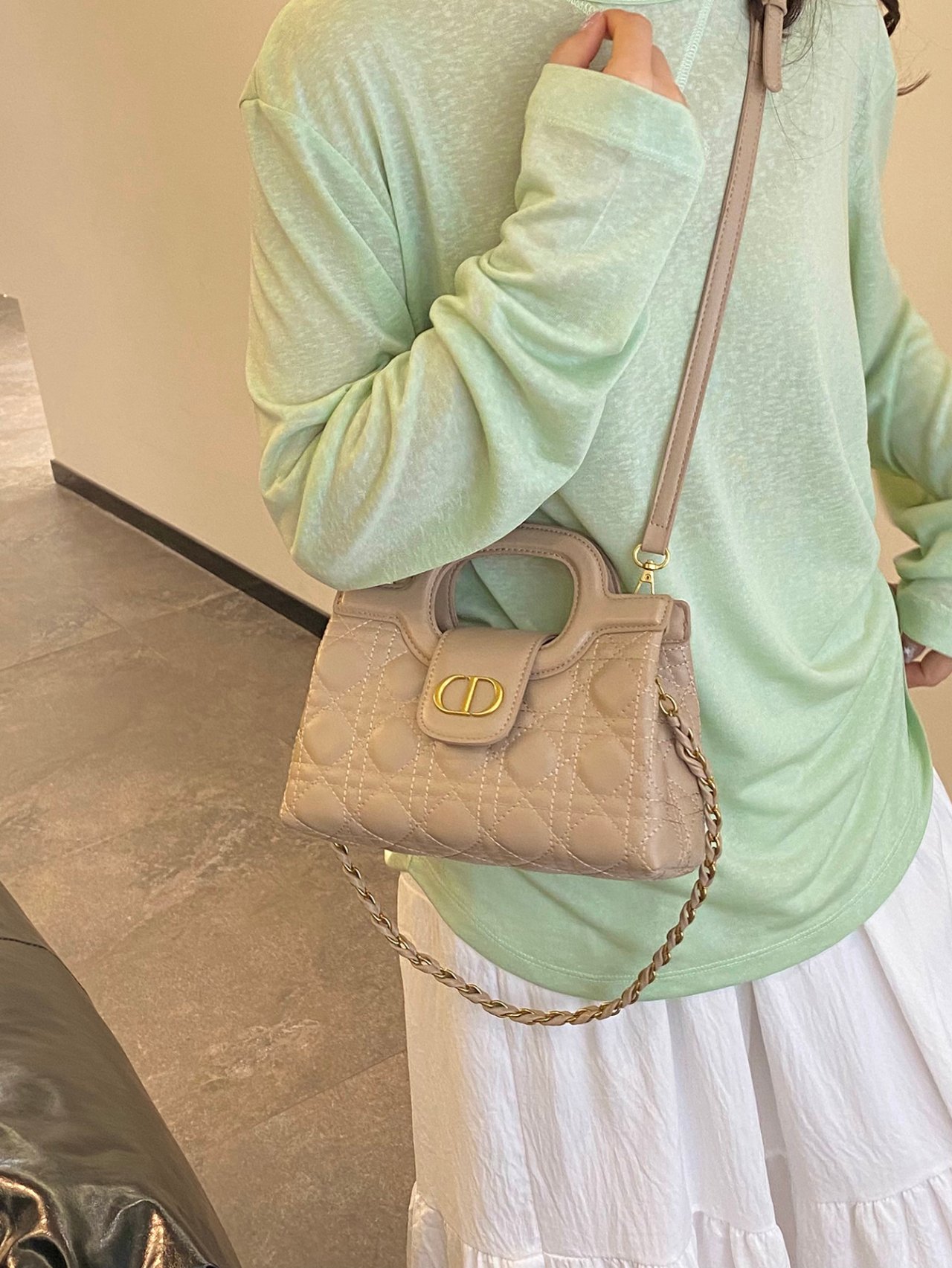Khaki Quilted Crossbody Bag with Top Handle