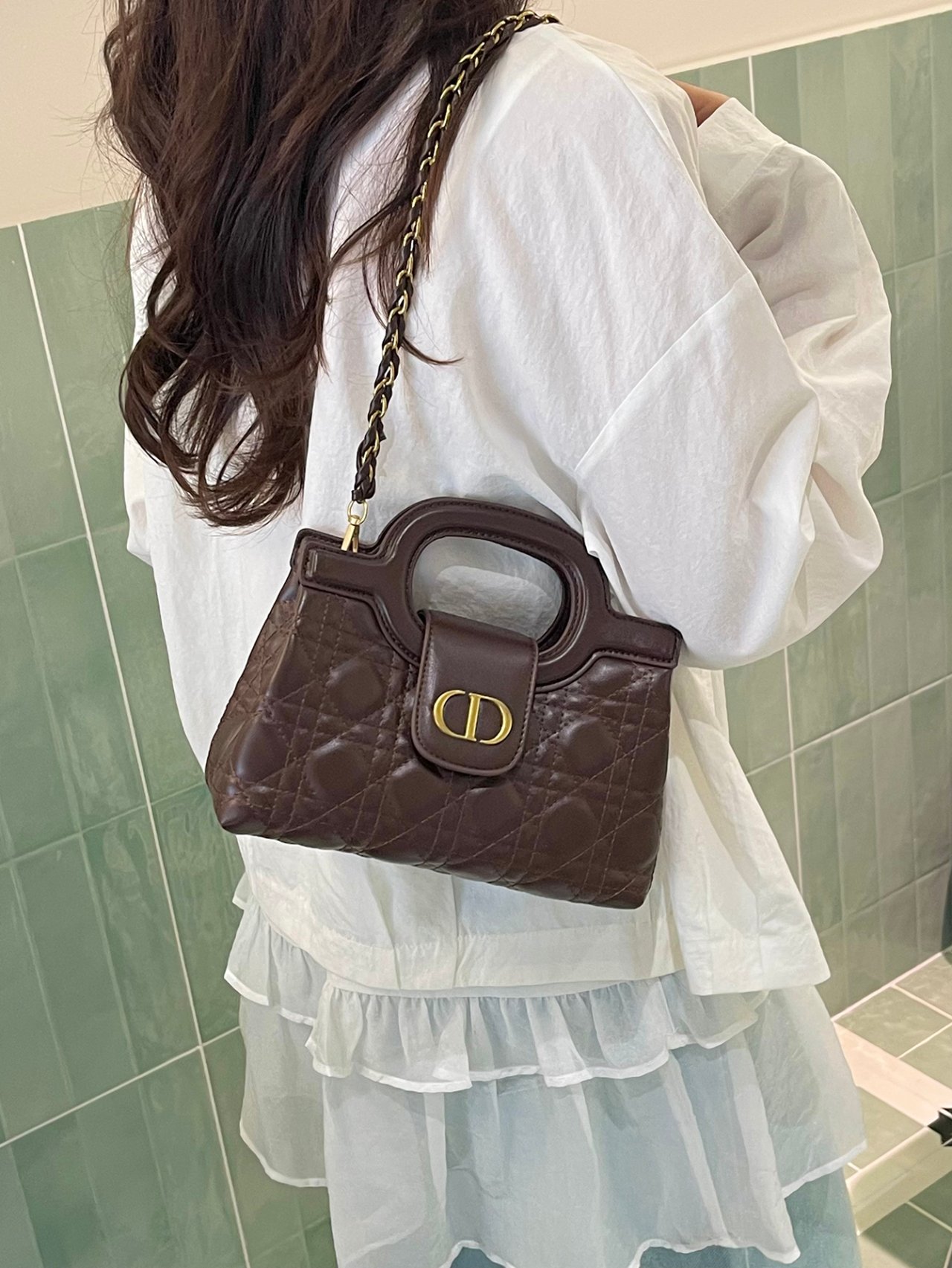 Coffee Brown Quilted Crossbody Bag with Top Handle and Chain Strap