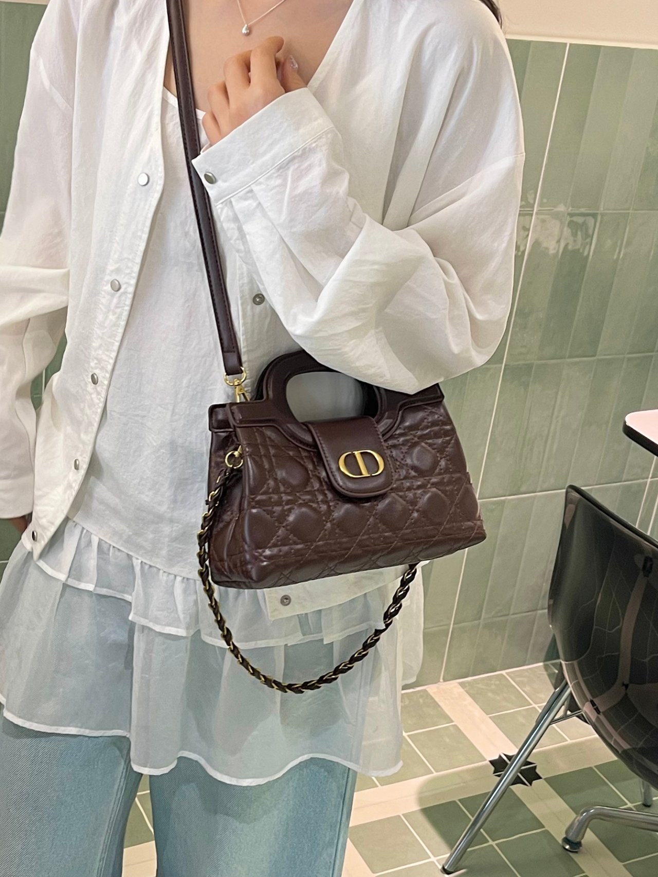 Coffee Brown Quilted Crossbody Bag with Top Handle and Chain Strap
