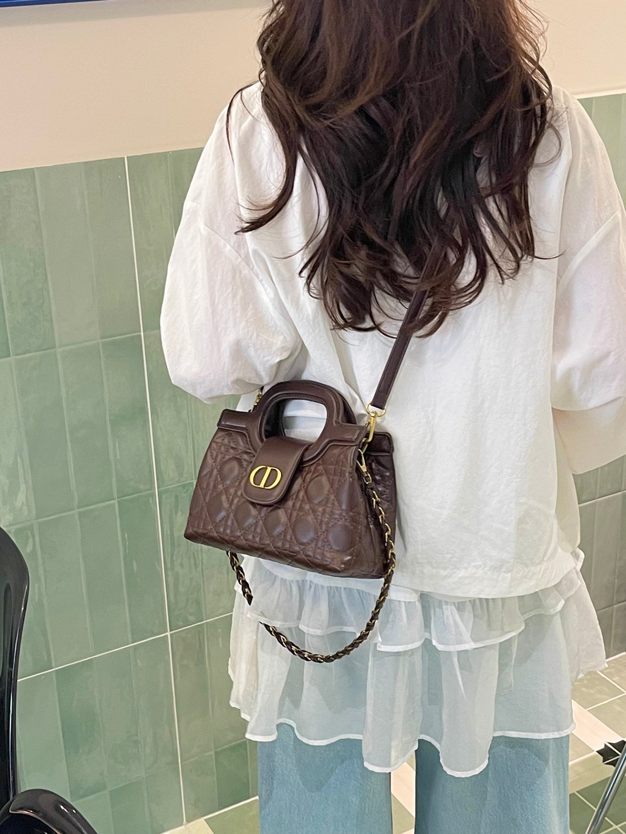 Coffee Brown Quilted Crossbody Bag with Top Handle and Chain Strap