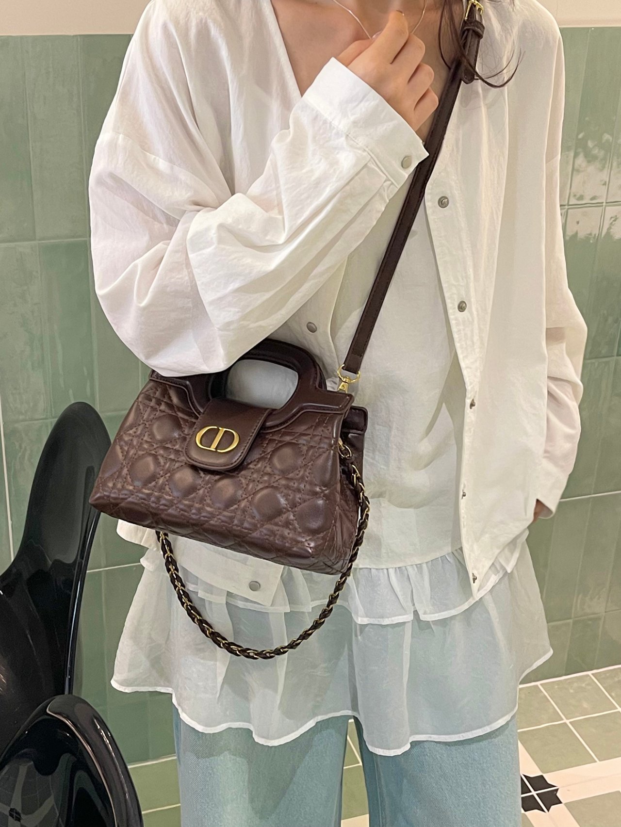 Coffee Brown Quilted Crossbody Bag with Top Handle and Chain Strap