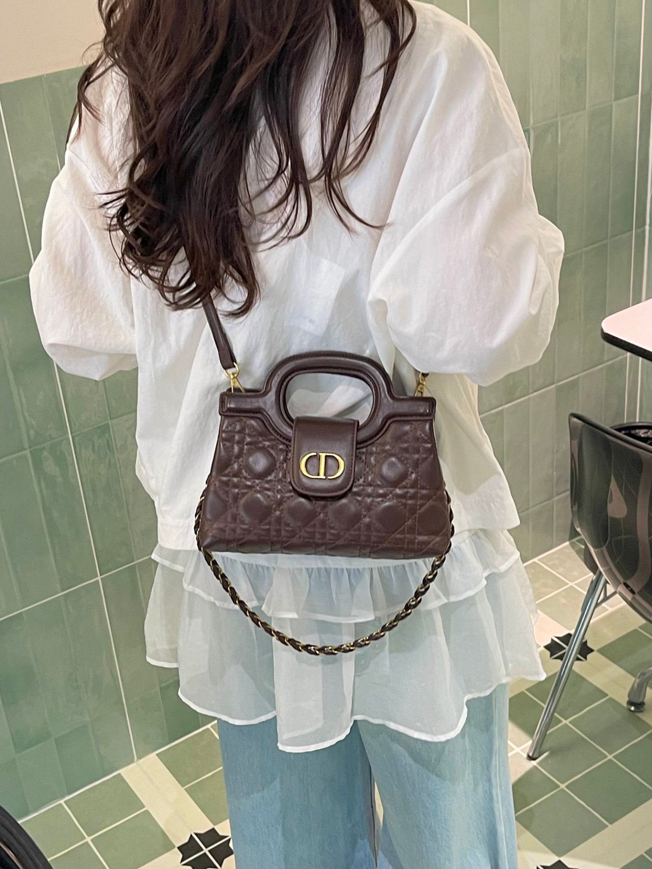Coffee Brown Quilted Crossbody Bag with Top Handle and Chain Strap