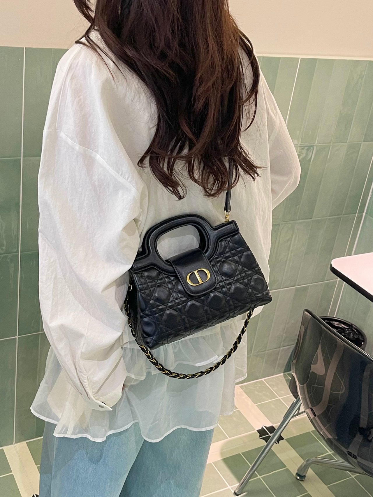 Black Quilted Crossbody Bag with Gold Accent