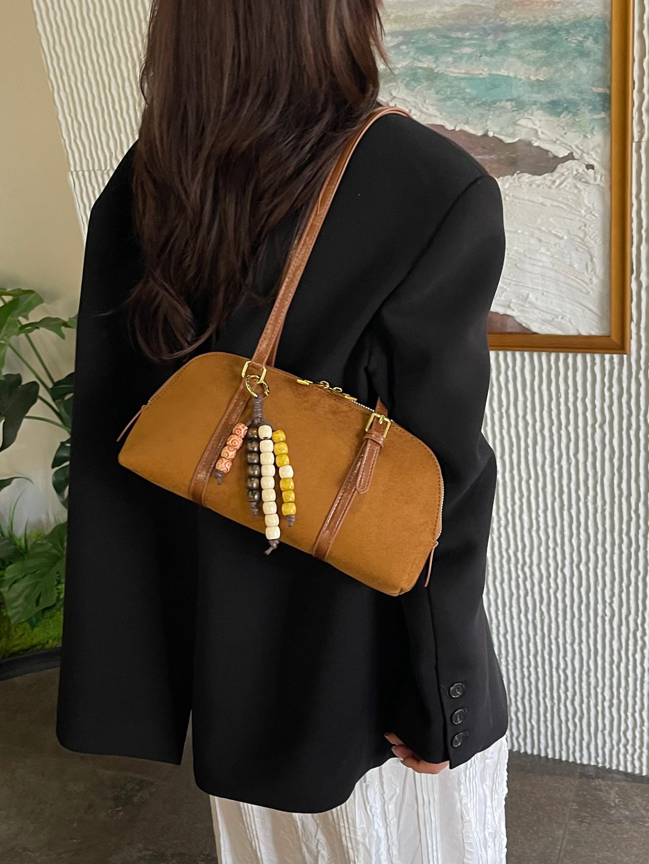 Brown Suede Look Shoulder Bag with Beaded Charm