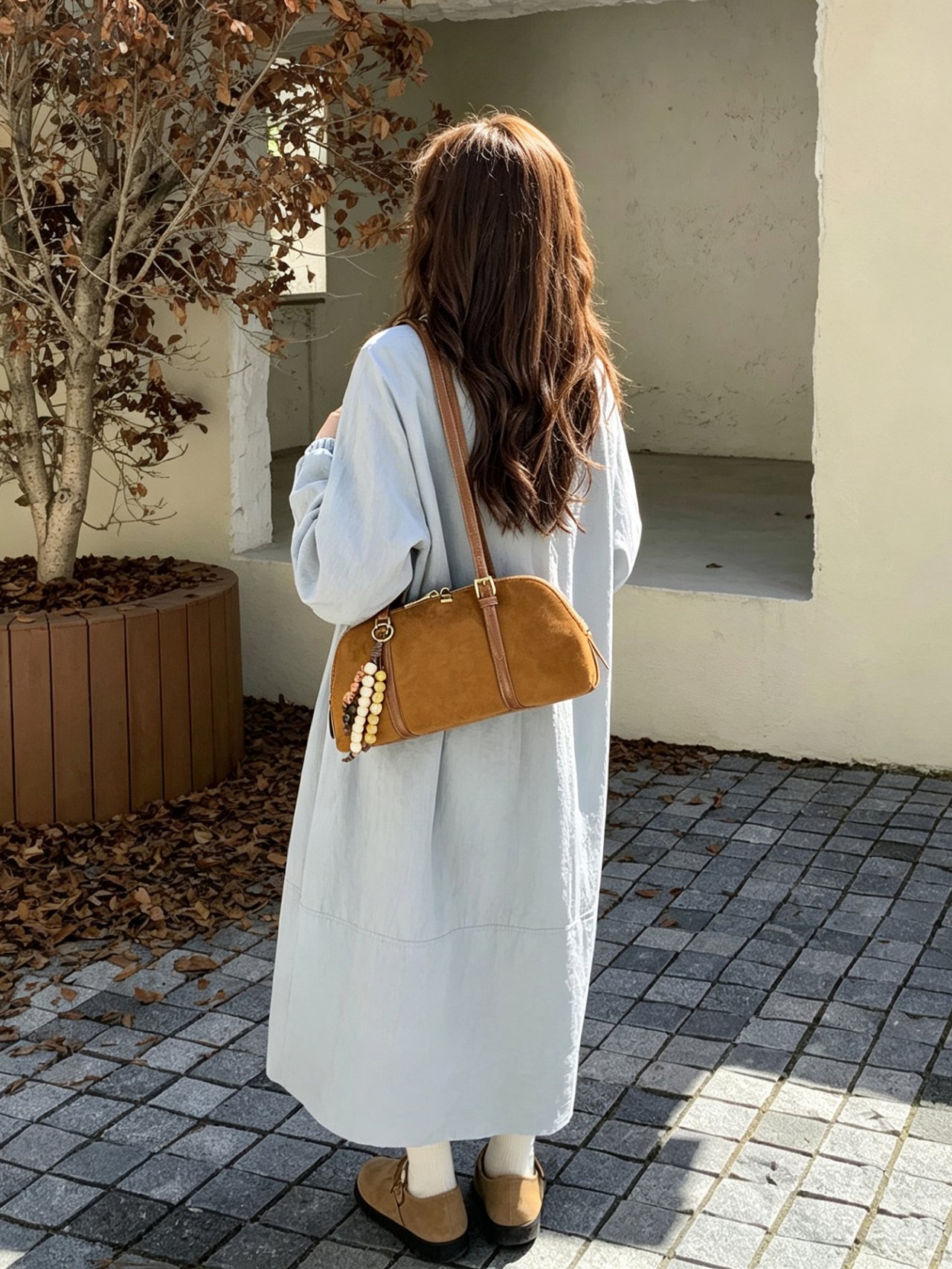 Brown Suede Look Shoulder Bag with Beaded Charm