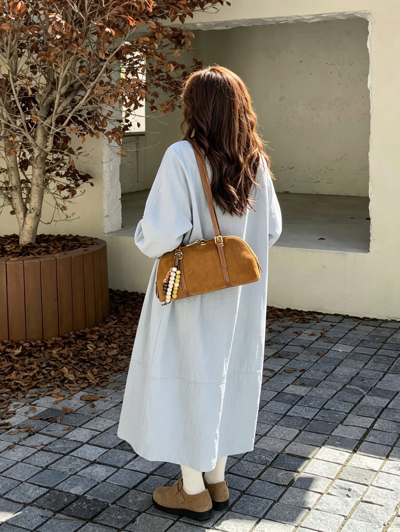 Brown Suede Look Shoulder Bag with Beaded Charm