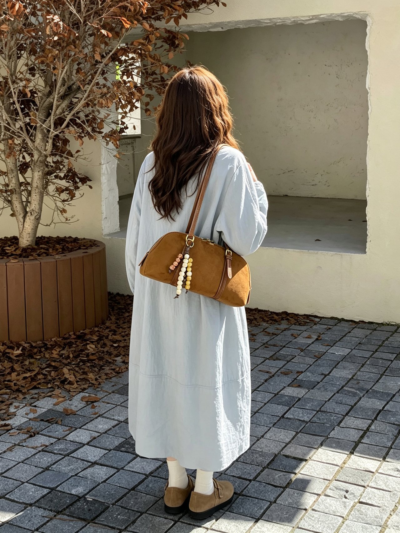 Brown Suede Look Shoulder Bag with Beaded Charm