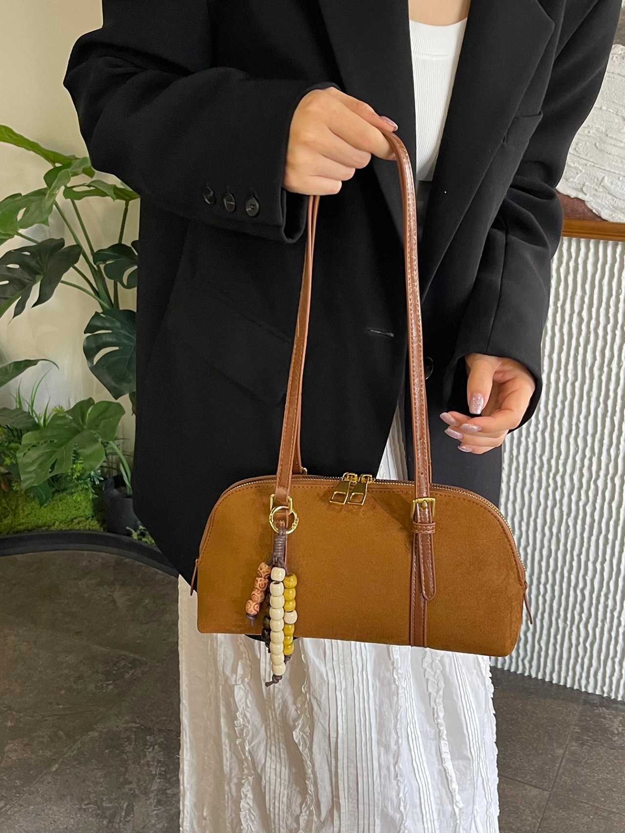 Brown Suede Look Shoulder Bag with Beaded Charm