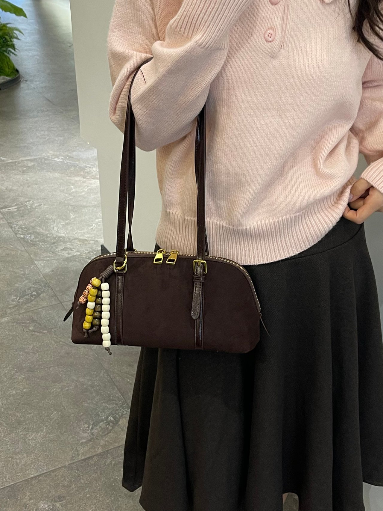 Coffee Brown Shoulder Bag with Beaded Charm