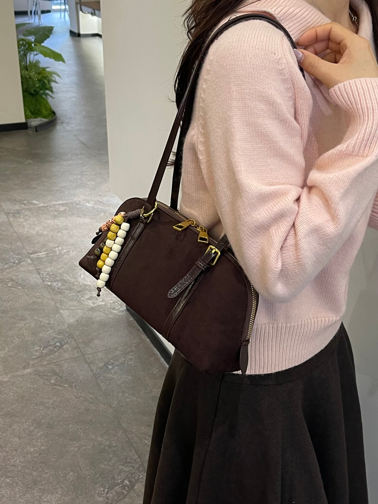 Coffee Brown Shoulder Bag with Beaded Charm