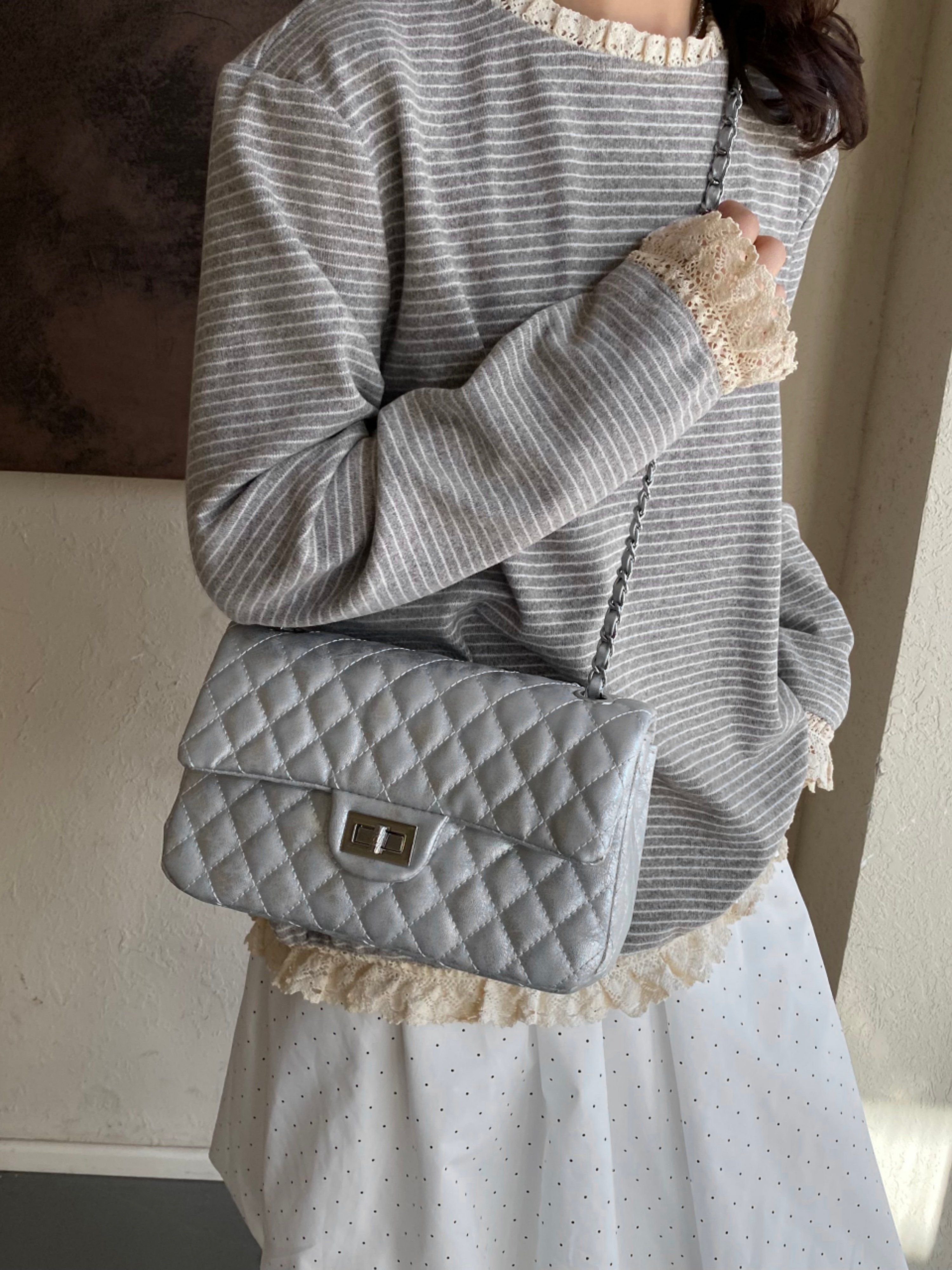Blue Quilted Shoulder Bag with Chain Strap