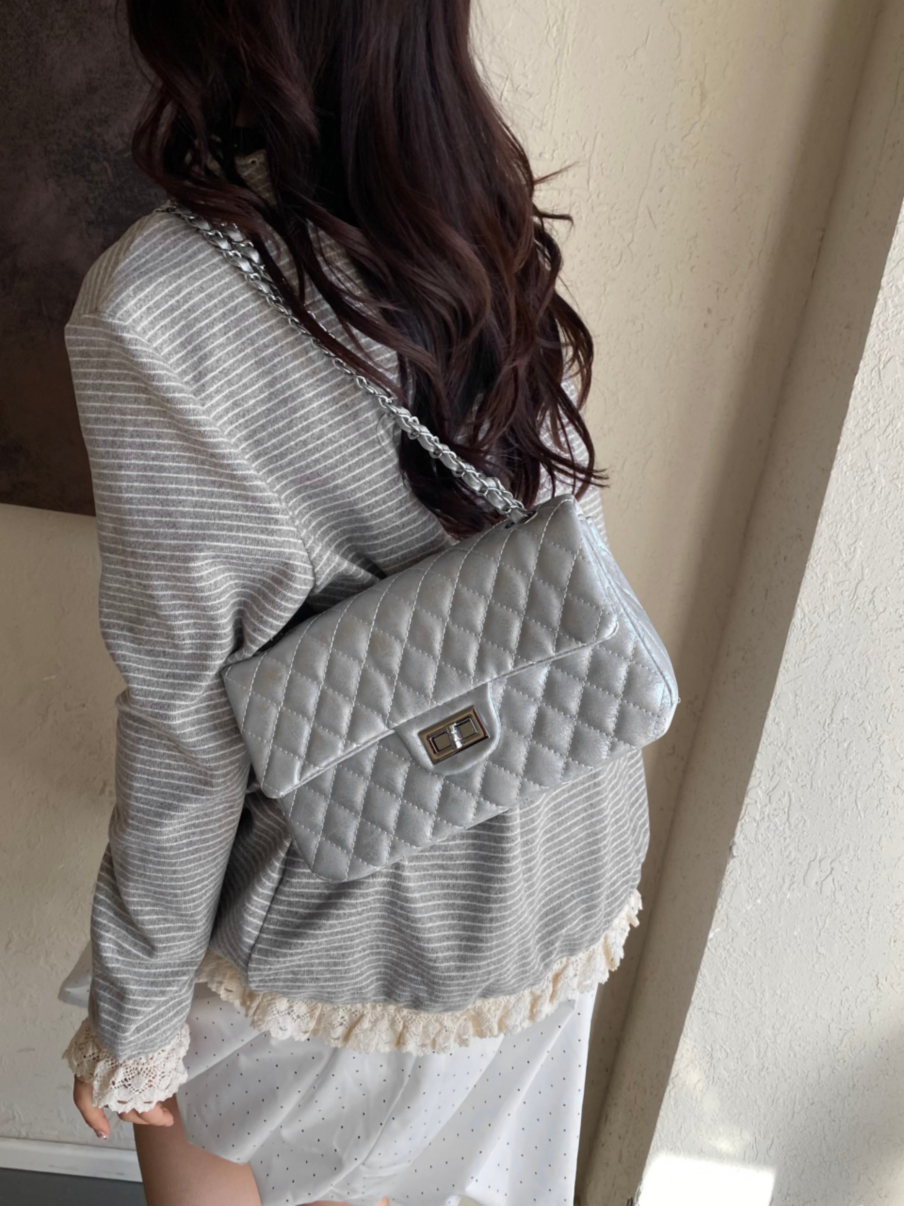 Blue Quilted Shoulder Bag with Chain Strap