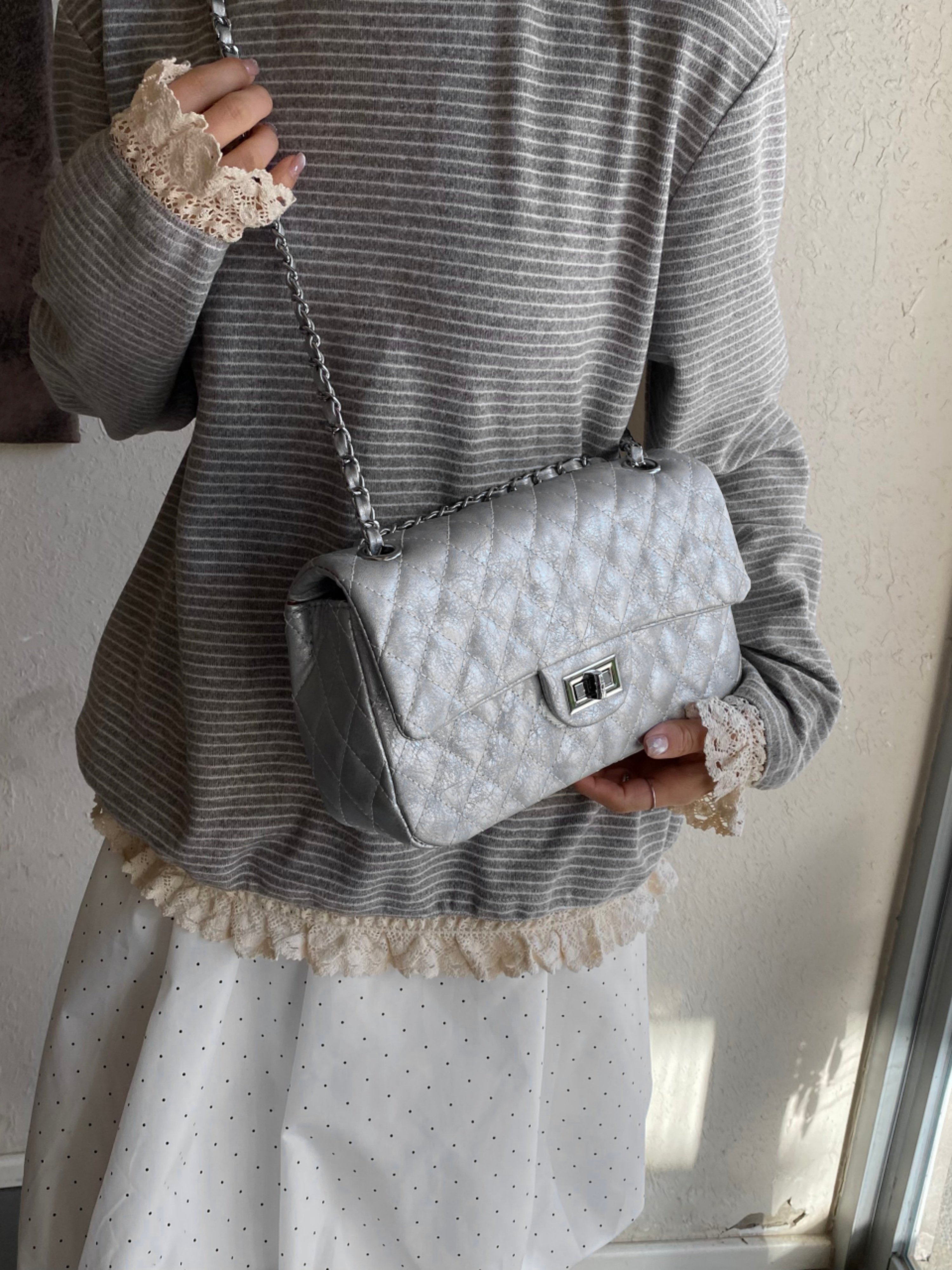 Blue Quilted Shoulder Bag with Chain Strap