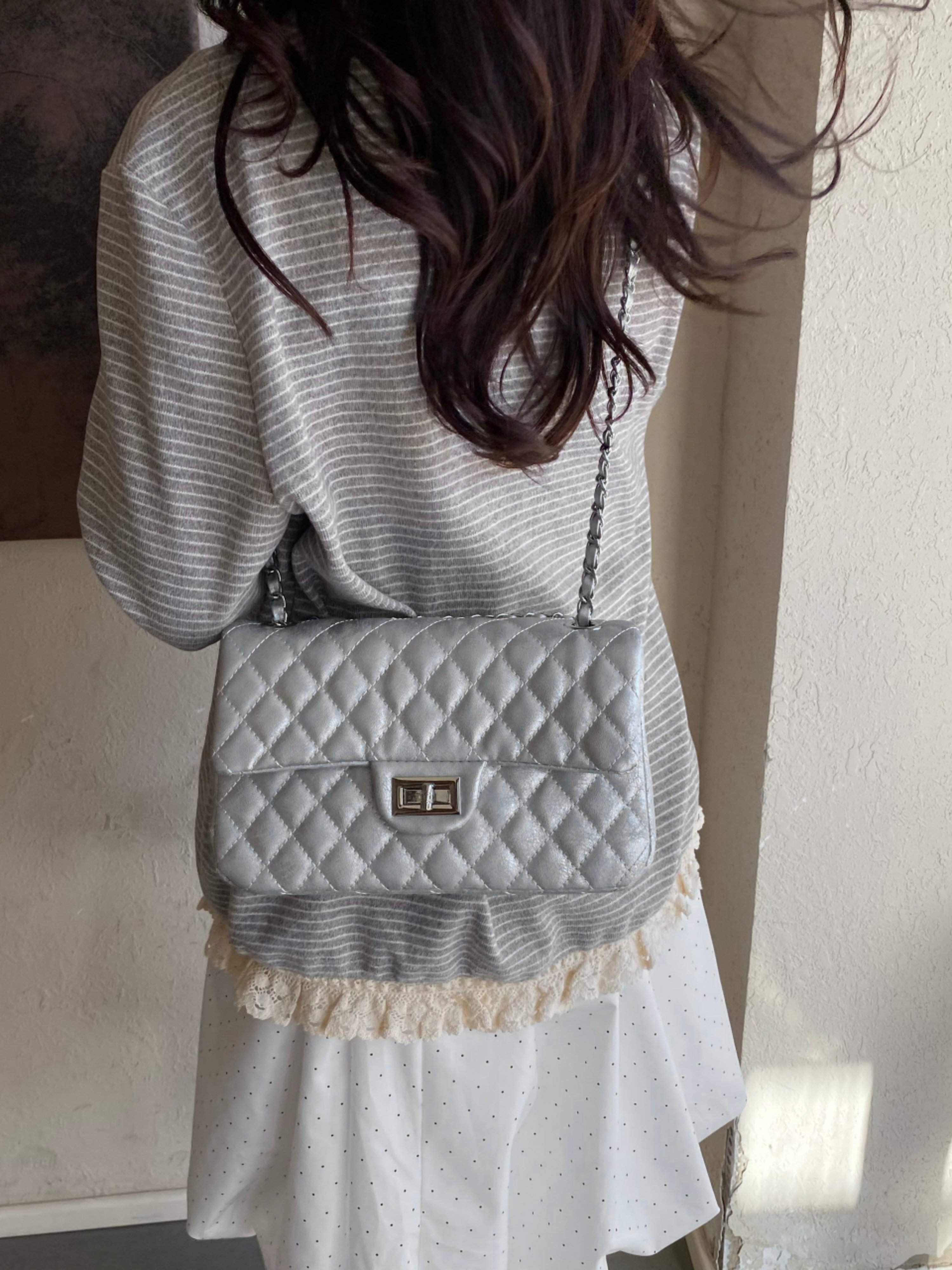 Blue Quilted Shoulder Bag with Chain Strap