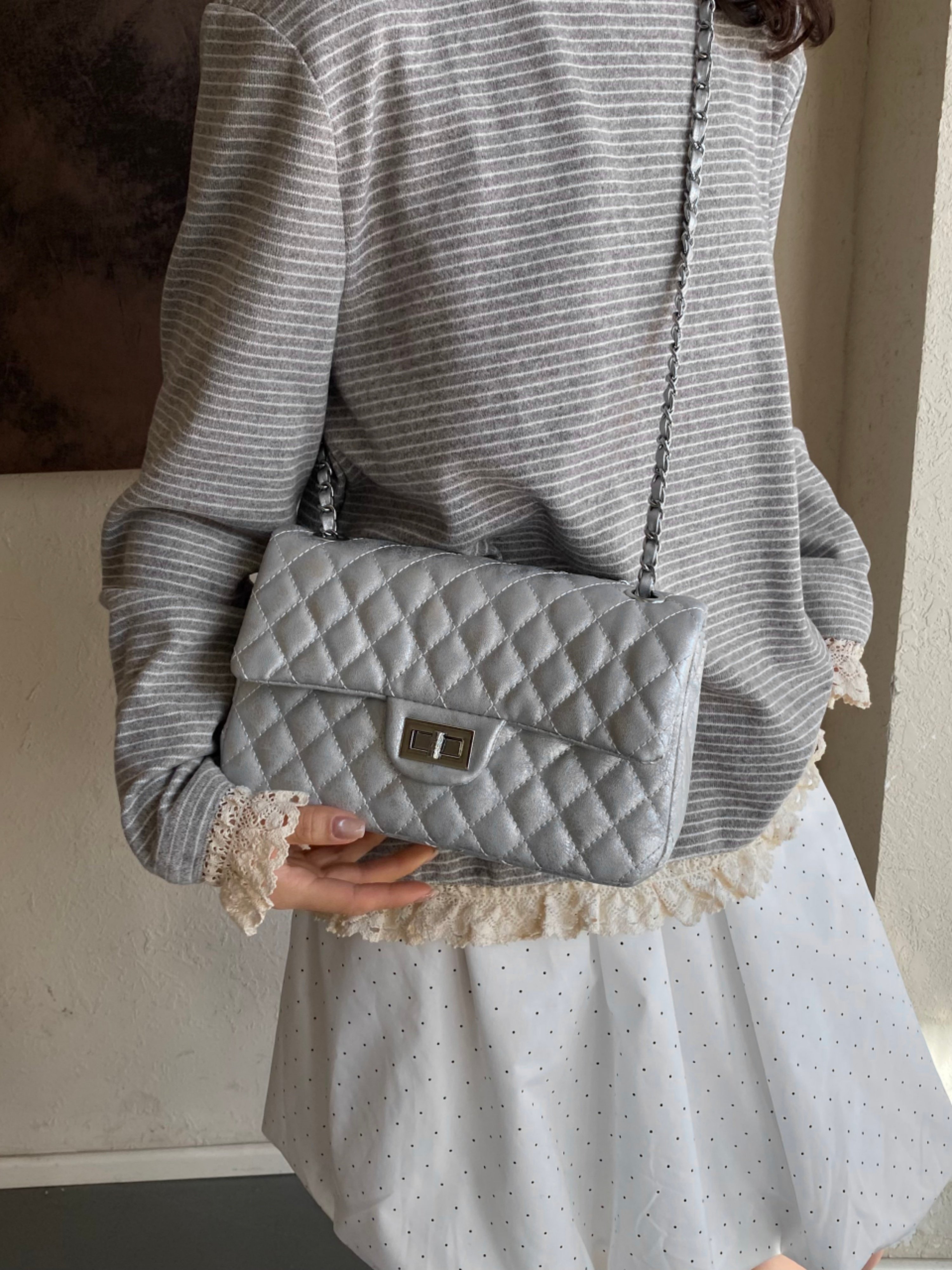 Blue Quilted Shoulder Bag with Chain Strap