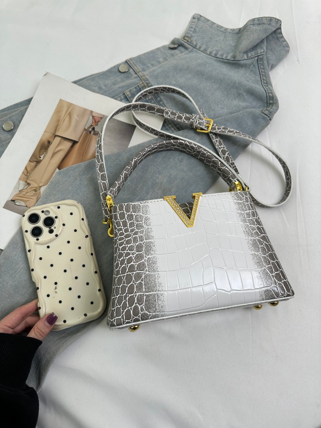 Grey Crocodile-Embossed Crossbody Bag