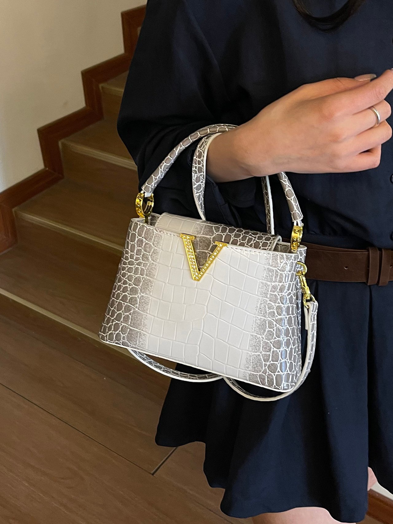 Grey Crocodile-Embossed Crossbody Bag