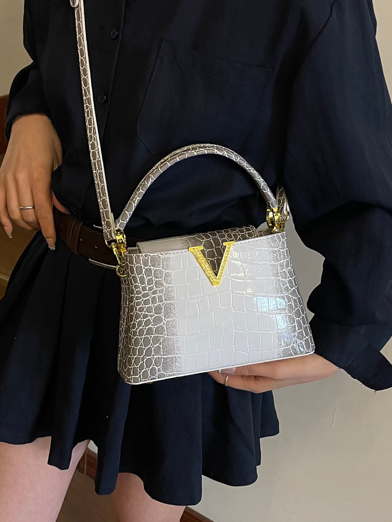 Grey Crocodile-Embossed Crossbody Bag