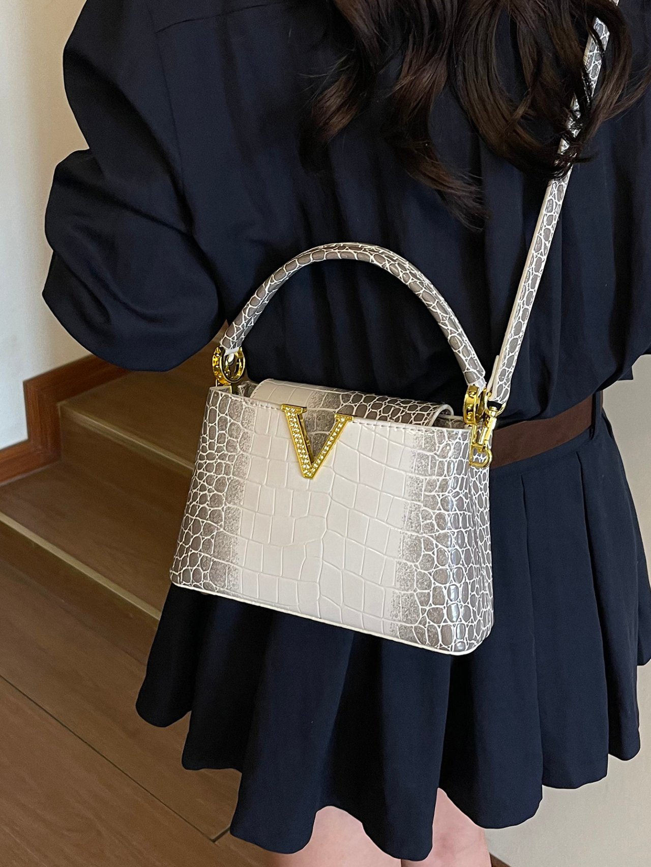 Grey Crocodile-Embossed Crossbody Bag